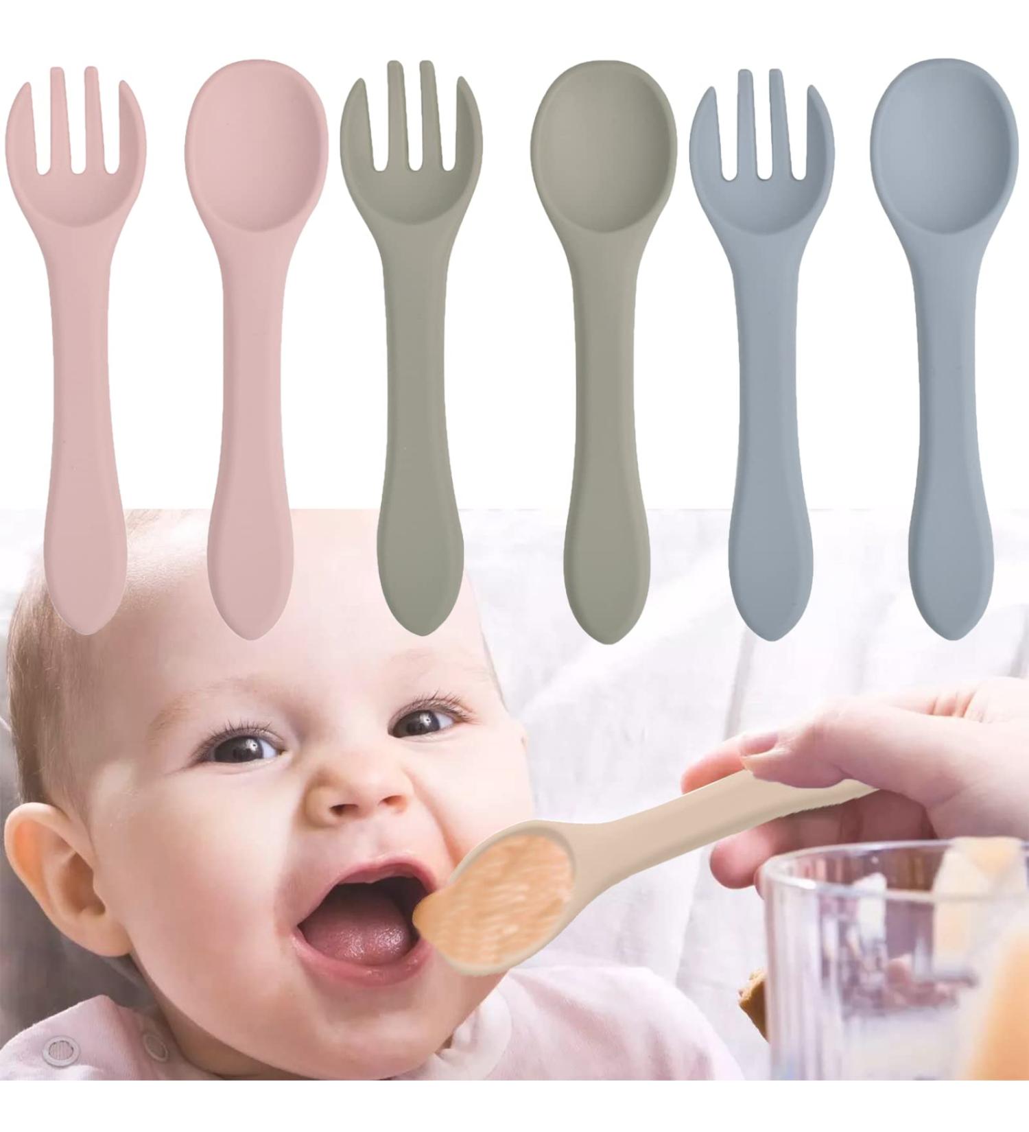 6 Pcs Silicone Baby Weaning Forks and Spoons Set for Self-Feeding - Training Utensils for Toddlers and Babies Over 6 Months - Boy and Girl First Foods - Buy Online on SooperMarket.com