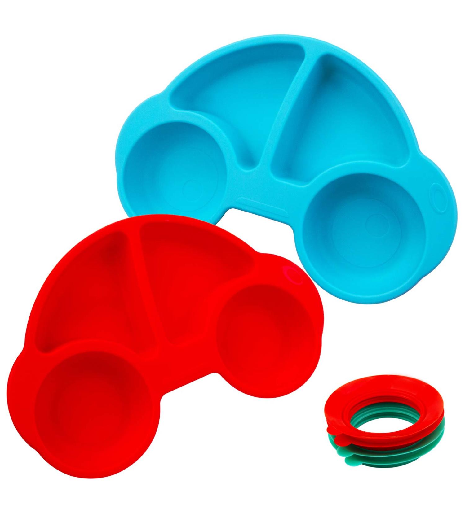 Silicone Divided Toddler Plates - Non-Slip Suction Plates for Kids | BPA Free FDA Approved Baby Dinner Plate with Spoon Fork | Portable & Easy to Clean | New Car Blue/Red - Buy Online on SooperMarket.com