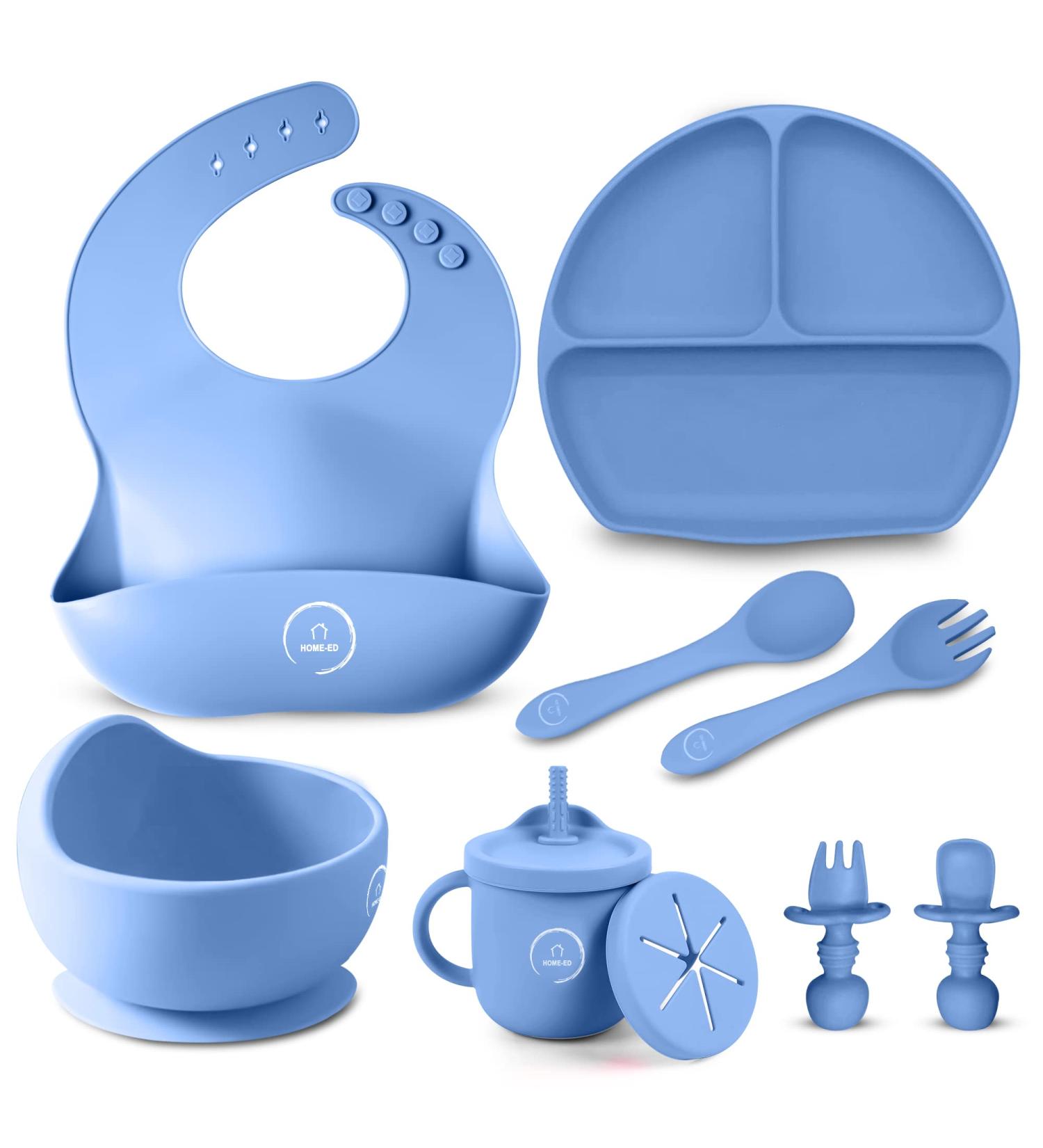 Home-Ed Baby Weaning Set: 9-Piece Baby Food Set with Suction Bowl, Plates, Spoon, and Bibs - Blue - Buy Online on SooperMarket.com