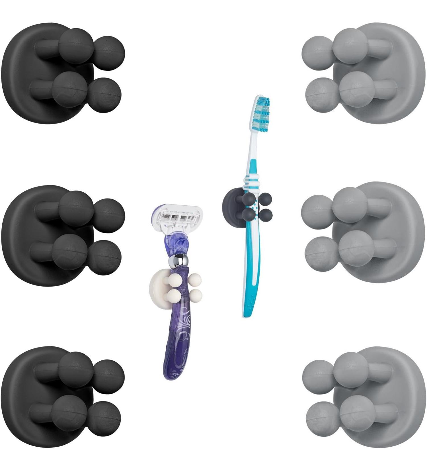 Tecbull Funny Hooks Toothbrush Holder & Razor Wall Bracket - No Drilling Self-Adhesive 12-Pack (6 Black/Gray + 6 Replacement Pads) - Buy Online on SooperMarket.com