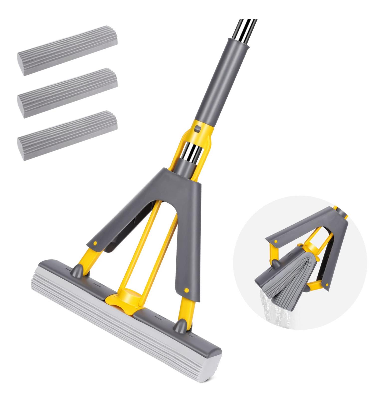 Kphico PVA Sponge Mop with 3 Heads | Extendable Handle | Self-Wringing | for Hardwood, Laminate, Tile, Marble, Ceramic Floors | A-Gray+Yellow - Buy Online on SooperMarket.com