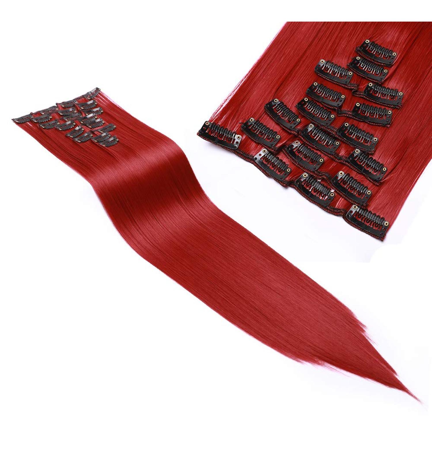 23 Inch Dark Red Clip In Hair Extensions - 8 Pcs Full Head Set, Heat-Resistant Straight Hairpiece - Buy Online on SooperMarket.com