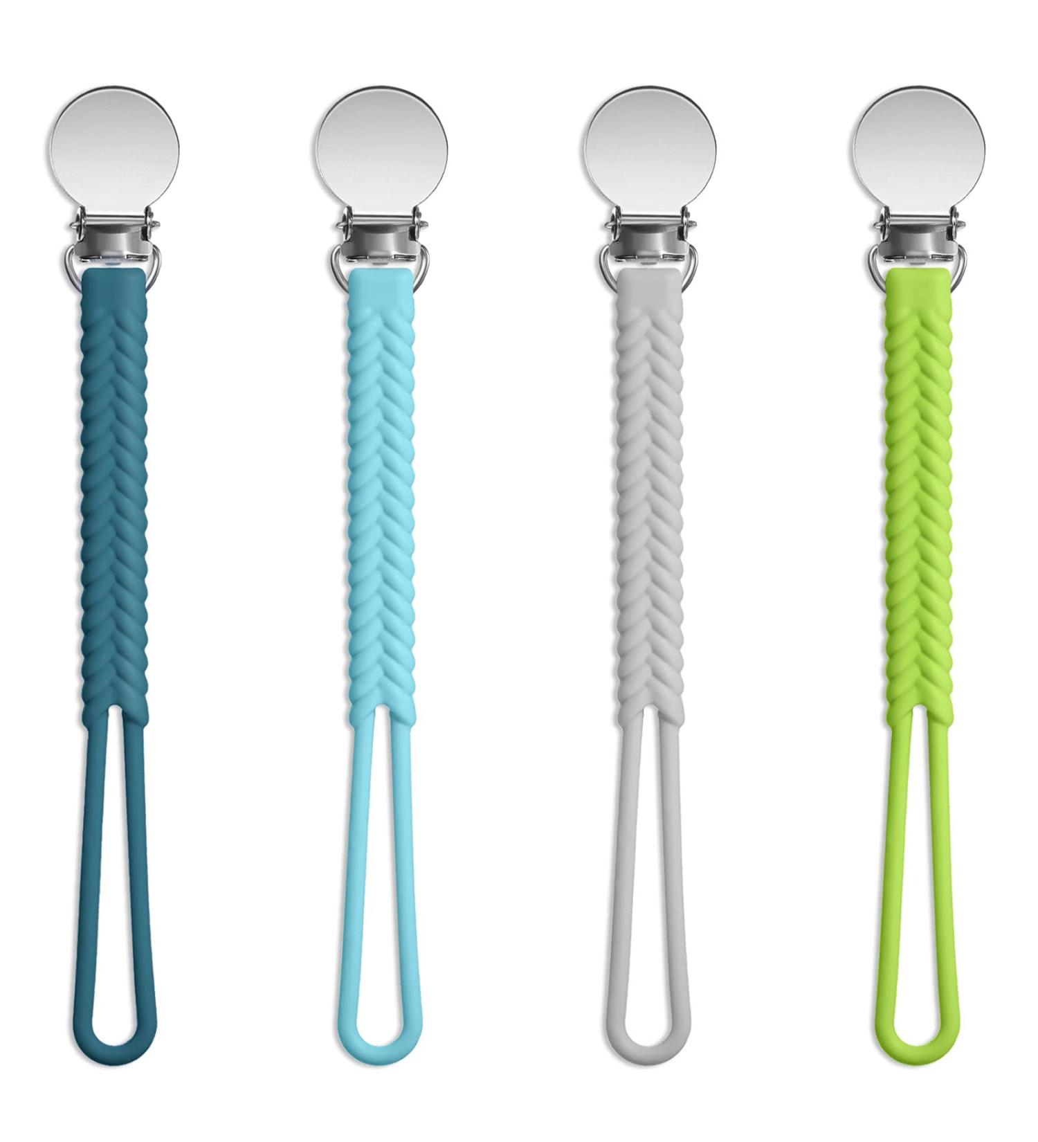 Nuanchu 4-Piece Silicone Pacifier Clips Set for Teething Toy - Navy Blue, Gray, Green - Baby Pacifier Holder for Boys and Girls - Buy Online on SooperMarket.com