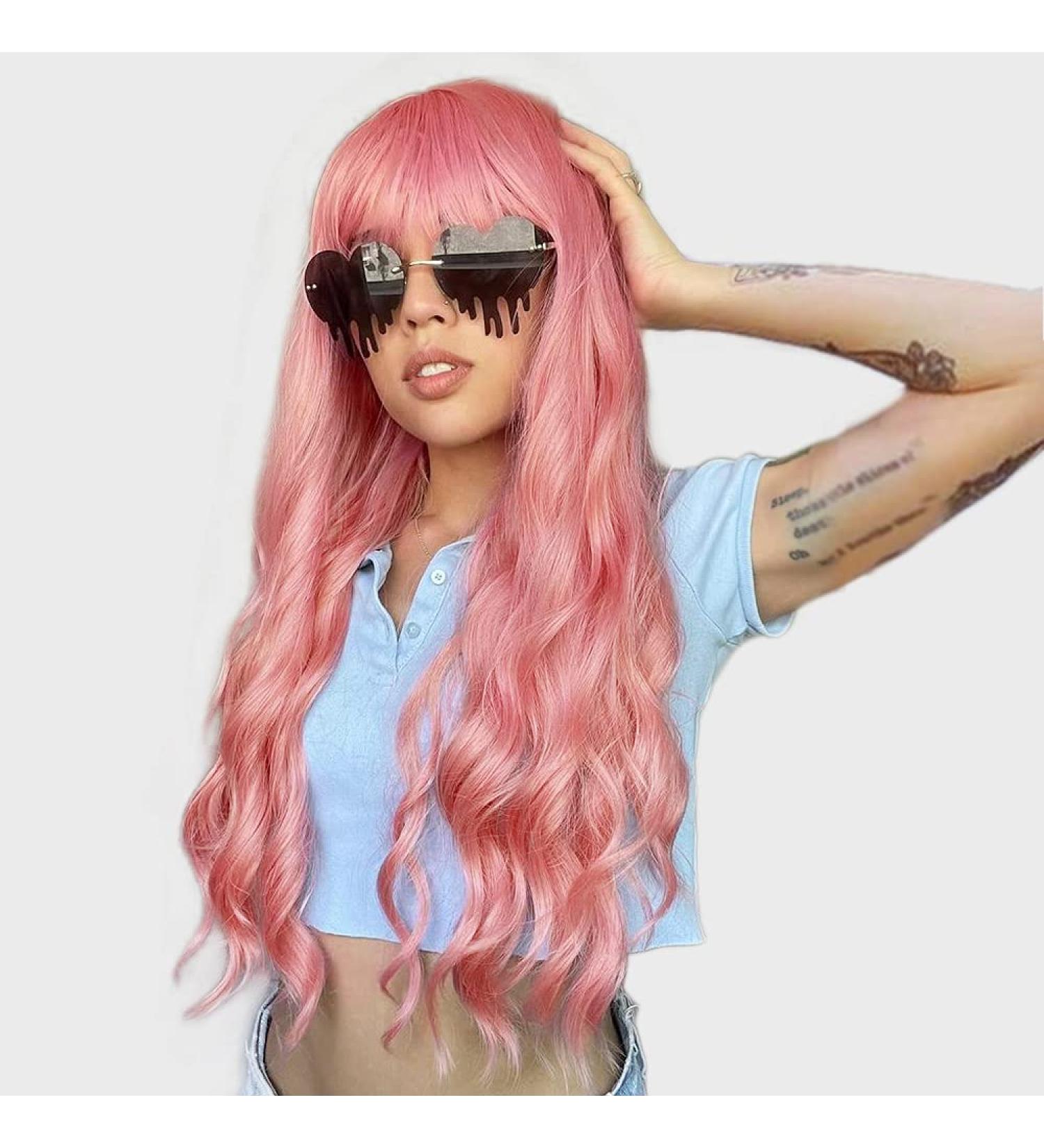 AISI BEAUTY Pink Wig with Bangs - 24 Inch Synthetic Long Wavy Pink Wig for Women - Halloween Cosplay Party Hairpiece - Buy Online on SooperMarket.com