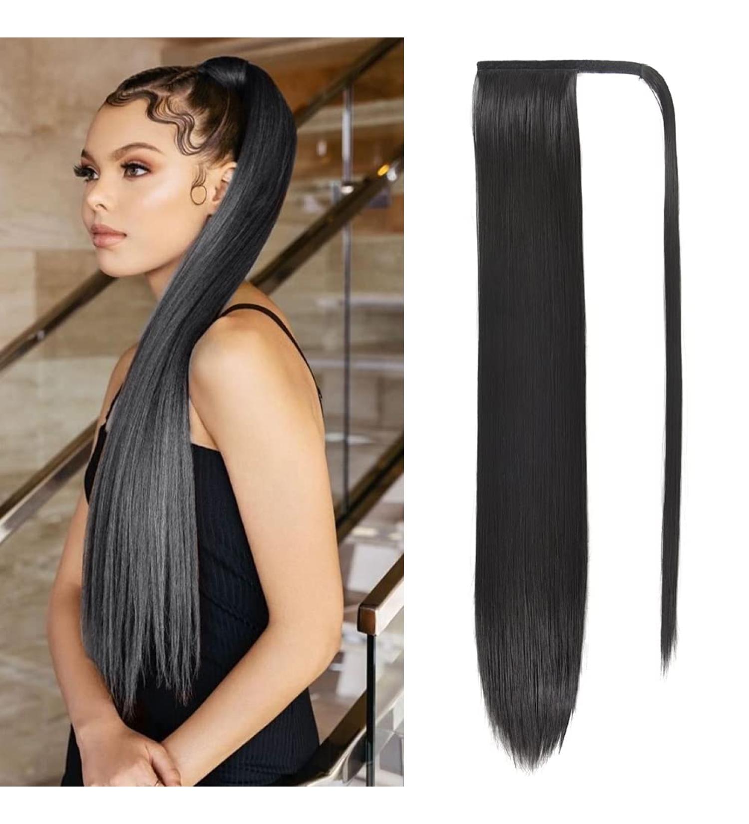 32 Inch Natural Black Straight Ponytail Extension | Heat Resistant Synthetic Wrap Around Ponytail for Women and Girls - Buy Online on SooperMarket.com