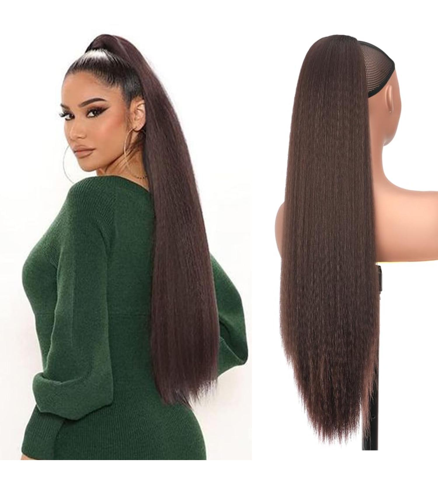 PORSMEER 30 Inch Yaki Straight Drawstring Ponytail Clip In Extensions for Women Kinky Straight Pony Tail Extensions Hair Extensions Ponytail (Dark brown) - Buy Online on SooperMarket.com