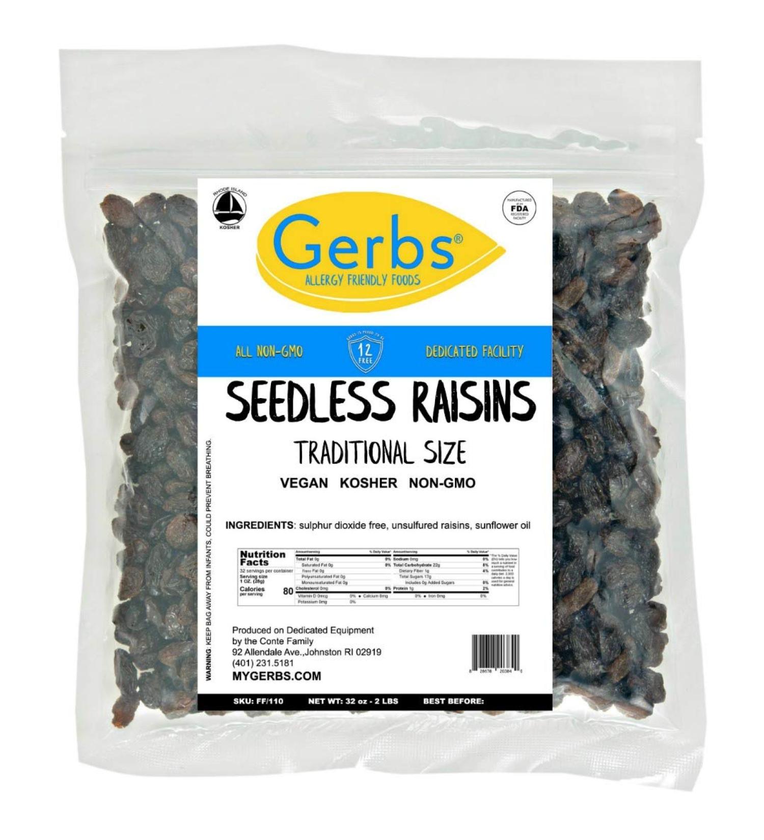 GERBS California Raisins 2 LBS - Resealable Bulk Bag | Allergy-Friendly, Calcium & Iron-Rich, Sulfur Dioxide-Free | Antioxidant-Packed, Gluten & Peanut-Free - Buy Online on SooperMarket.com