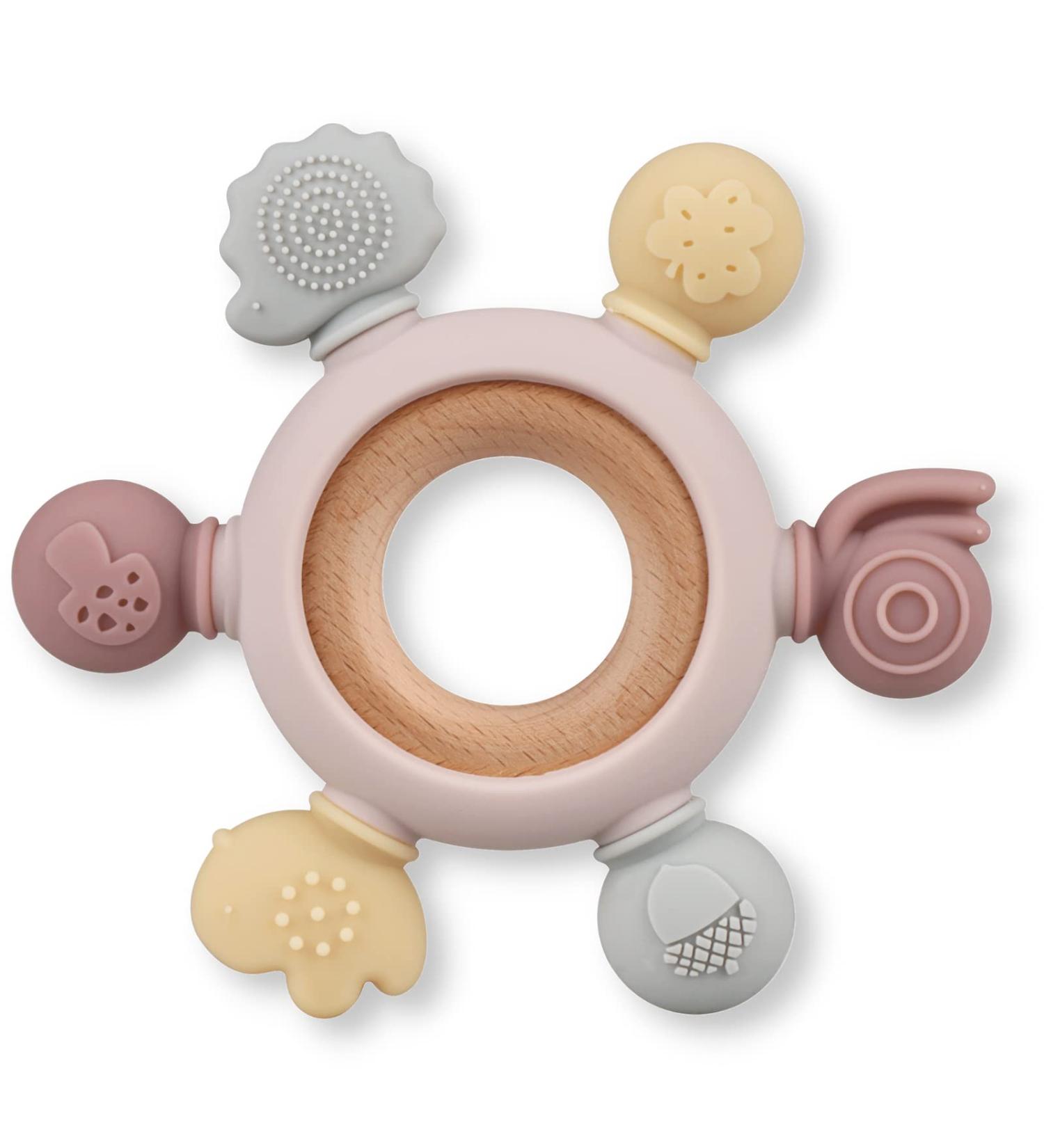 Organic Wooden and Silicone Baby Teething Toy Rings for Natural Pain Relief (Khaki) - Buy Online on SooperMarket.com
