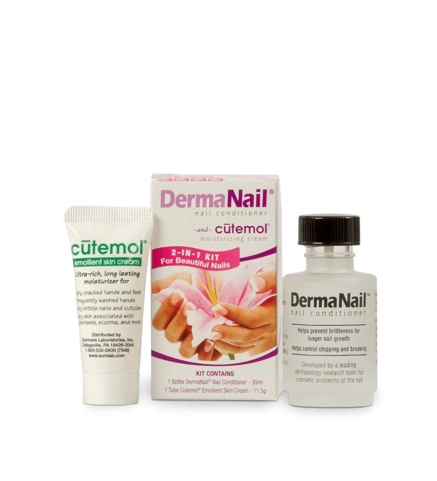 DermaNail Nail Strengthener and Cuticle Cream Set - Fingernail Care Kit with Liquid Nail Hardener and Cutemol Moisturizer - Healthy Growth and Repair for Brittle, Damaged, Weak, Thin, & Peeling Nails