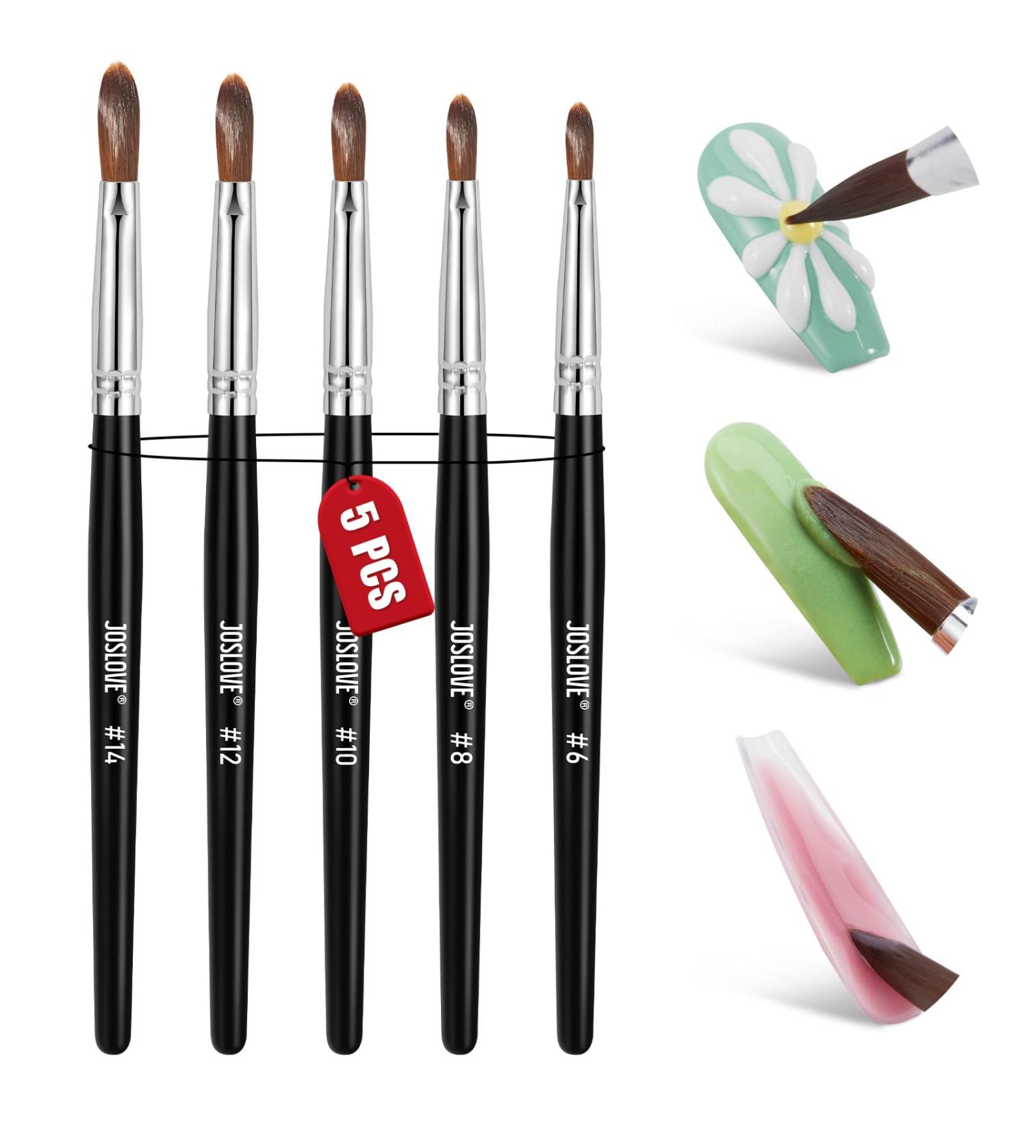 JOSLOVE 5Pcs Kolinsky Acrylic Nail Brush Set - Sizes 6/8/10/12/14 for Acrylic Powder Application - Wooden Handle - Ideal for Beginner & Professional DIY Nail Extensions - Buy Online on SooperMarket.com