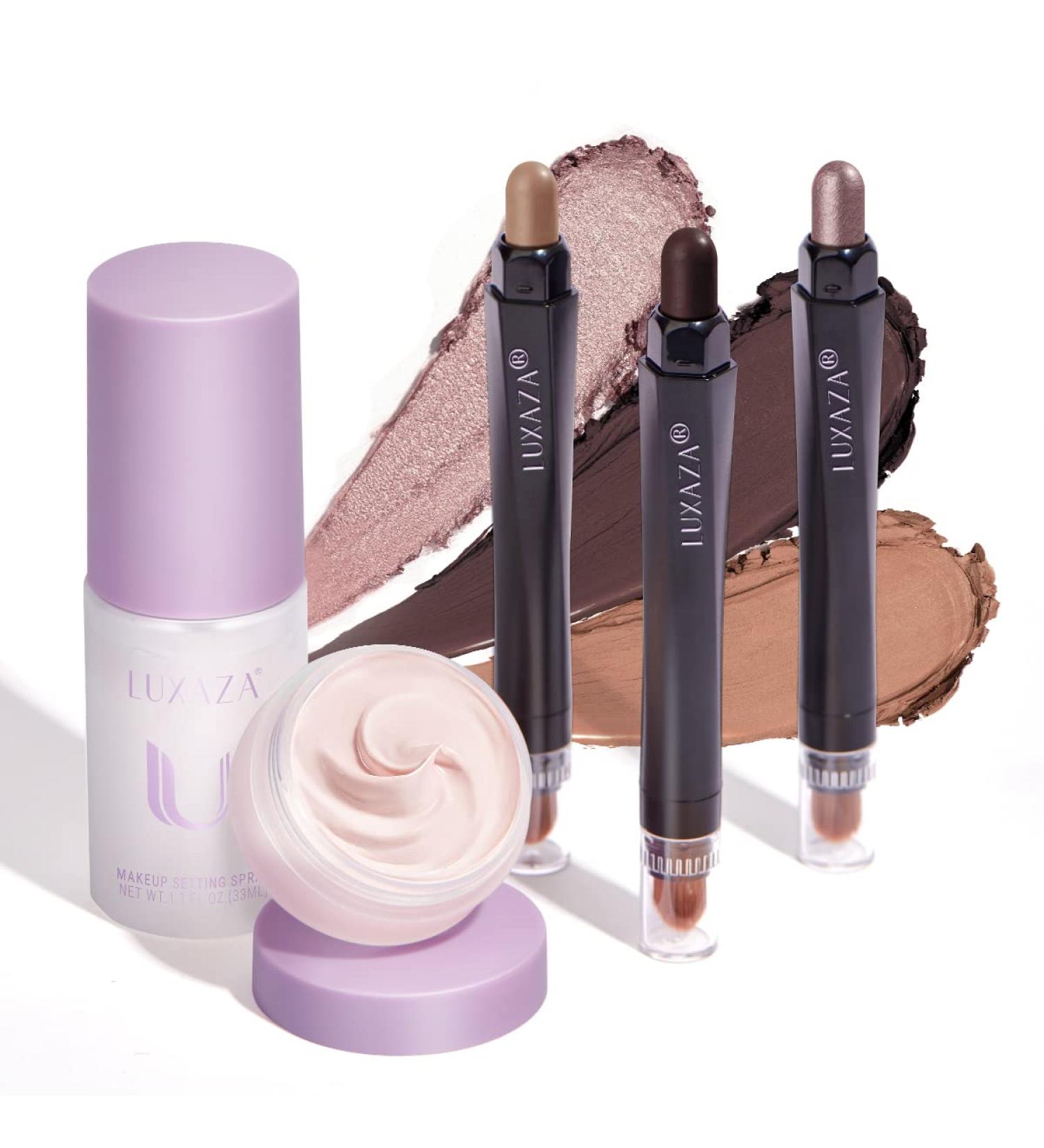 LUXAZA 3Pcs Eyeshadow Stick Matte and Shimmer Eye shadow Pencil Set with Primer & Setting Spray - Waterproof 3-in-1 Eye Makeup Kit in B-Cocoa - Buy Online on SooperMarket.com