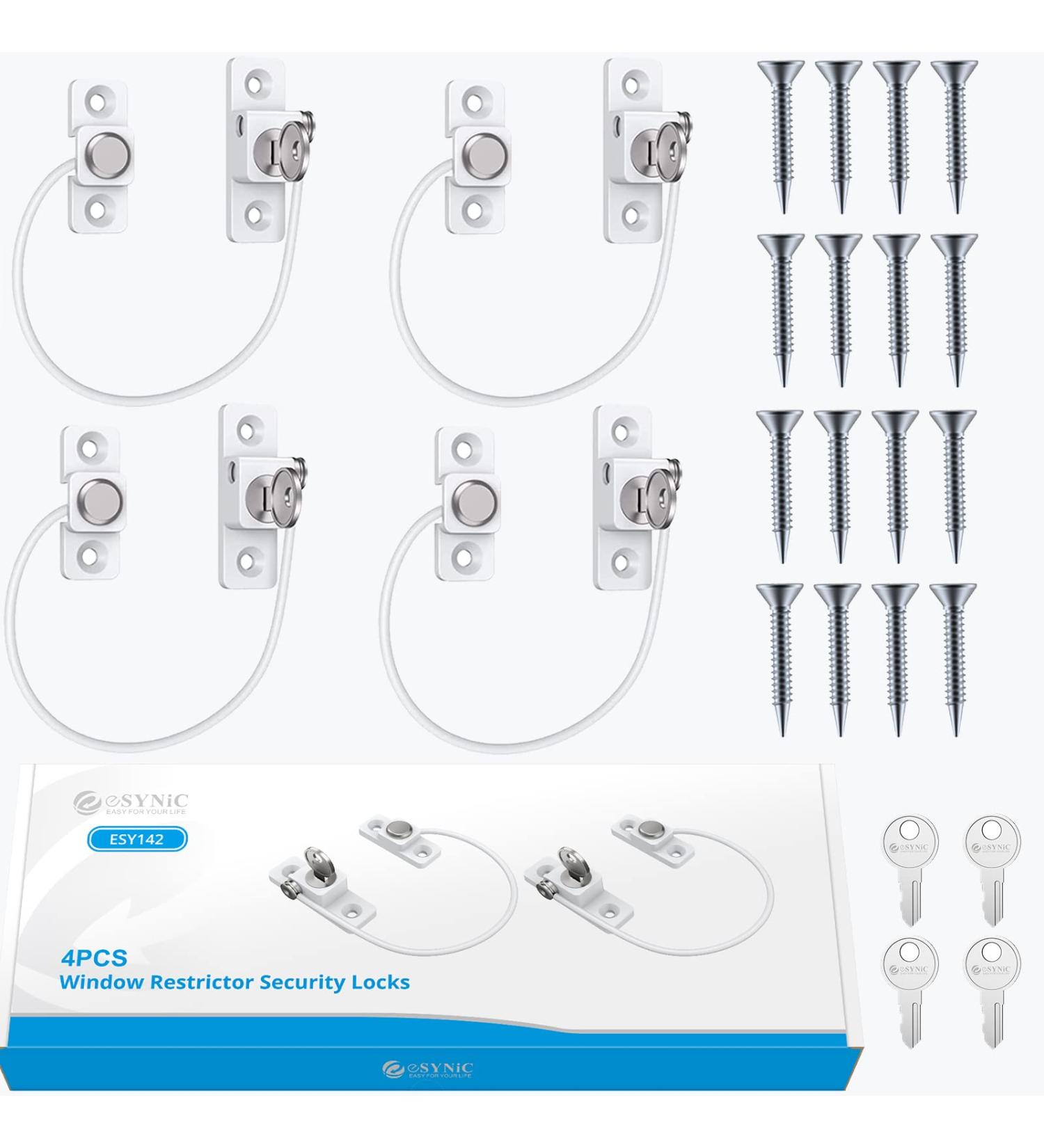 eSynic 4pcs Window Safety Restrictors with Keys - White UPVC Window Security Locks for Child Safety - Ideal for Home and Public Use - Buy Online on SooperMarket.com