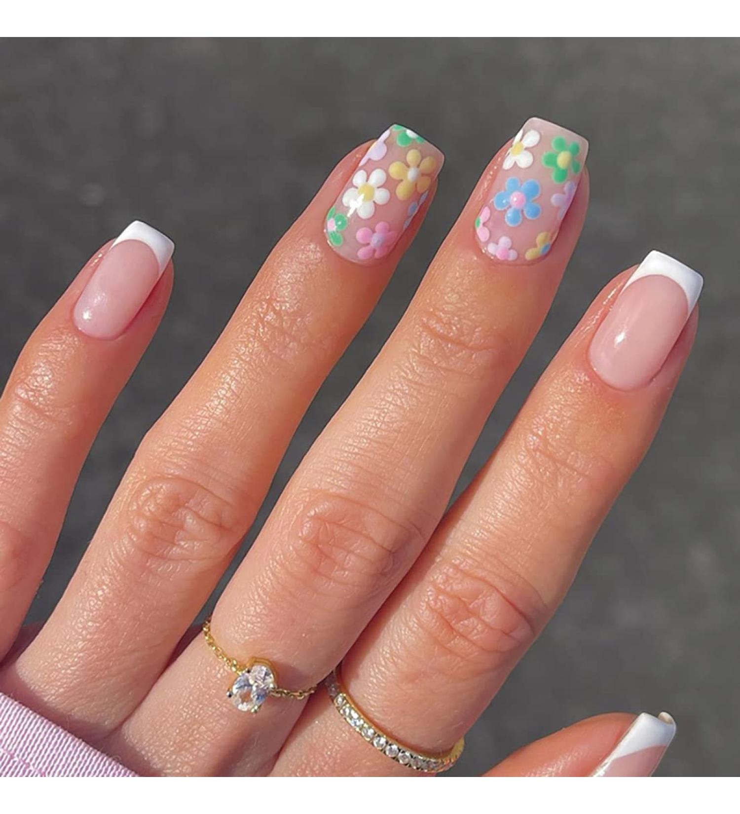 White French Multicolor Flowers Press on Nails - Coffin Stick on Nails Nails Tips Full Cover Fake Nails Glossy Nails for Women Girls DIY Nail Manicure 24 PCS False Nails 01 - Buy Online on SooperMarket.com