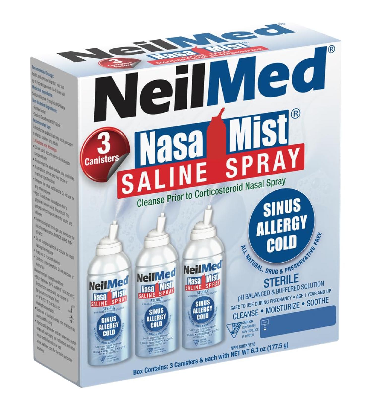 NeilMed NasaMist Saline Spray 177mL. All Natural pH Balanced & Buffered Solution - Soothe Moisturize and Cleanse Using Specially Designed tip. Contains 3 canisters - Buy Online on SooperMarket.com