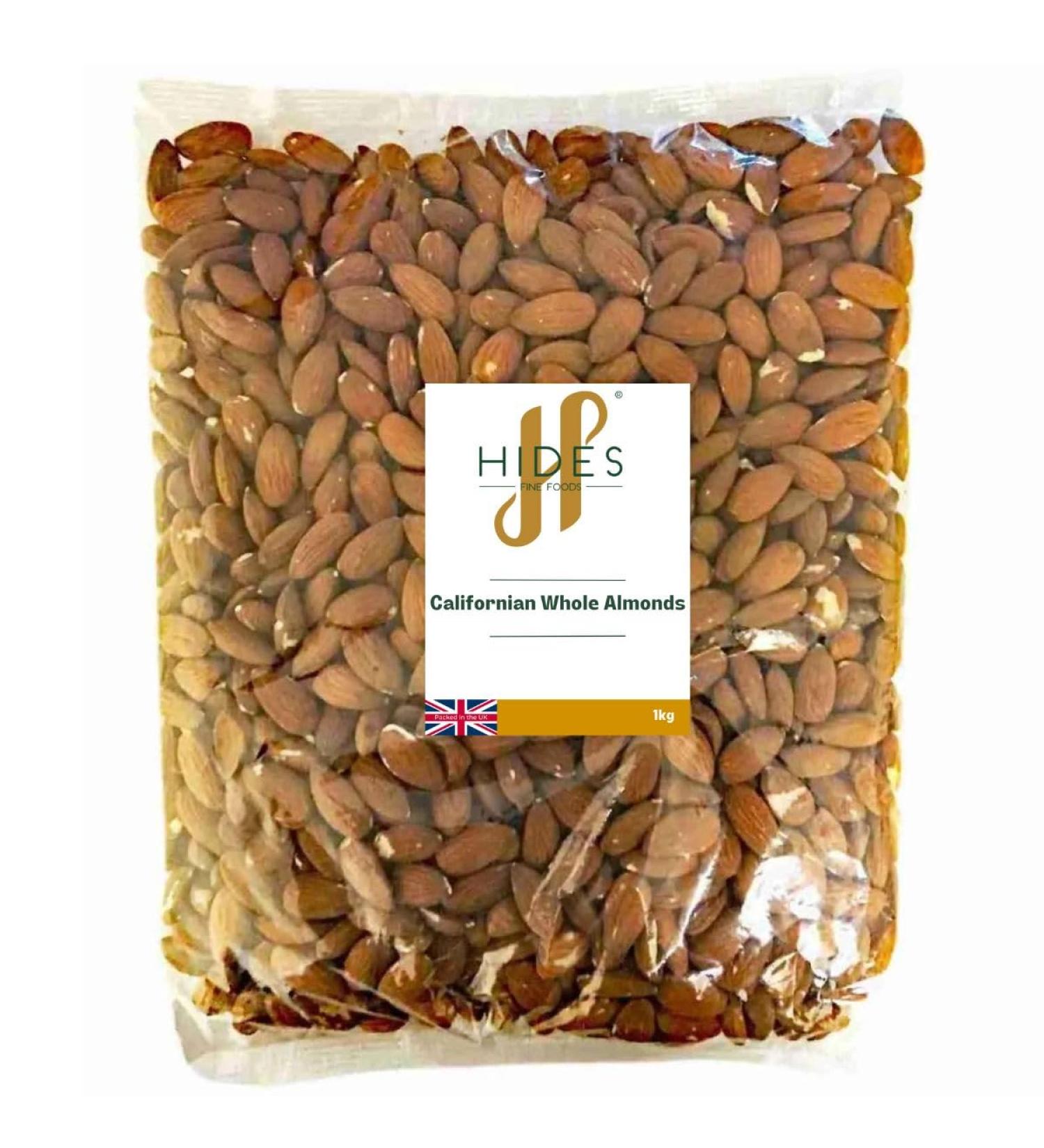 Hides Fine Foods - Californian Whole Almonds 1kg - GMO - Free - Suitable for Vegetarians - Cooking - Salads - Snacking - Desserts - Cakes - Cookies - Breakfast - Buy Online on SooperMarket.com