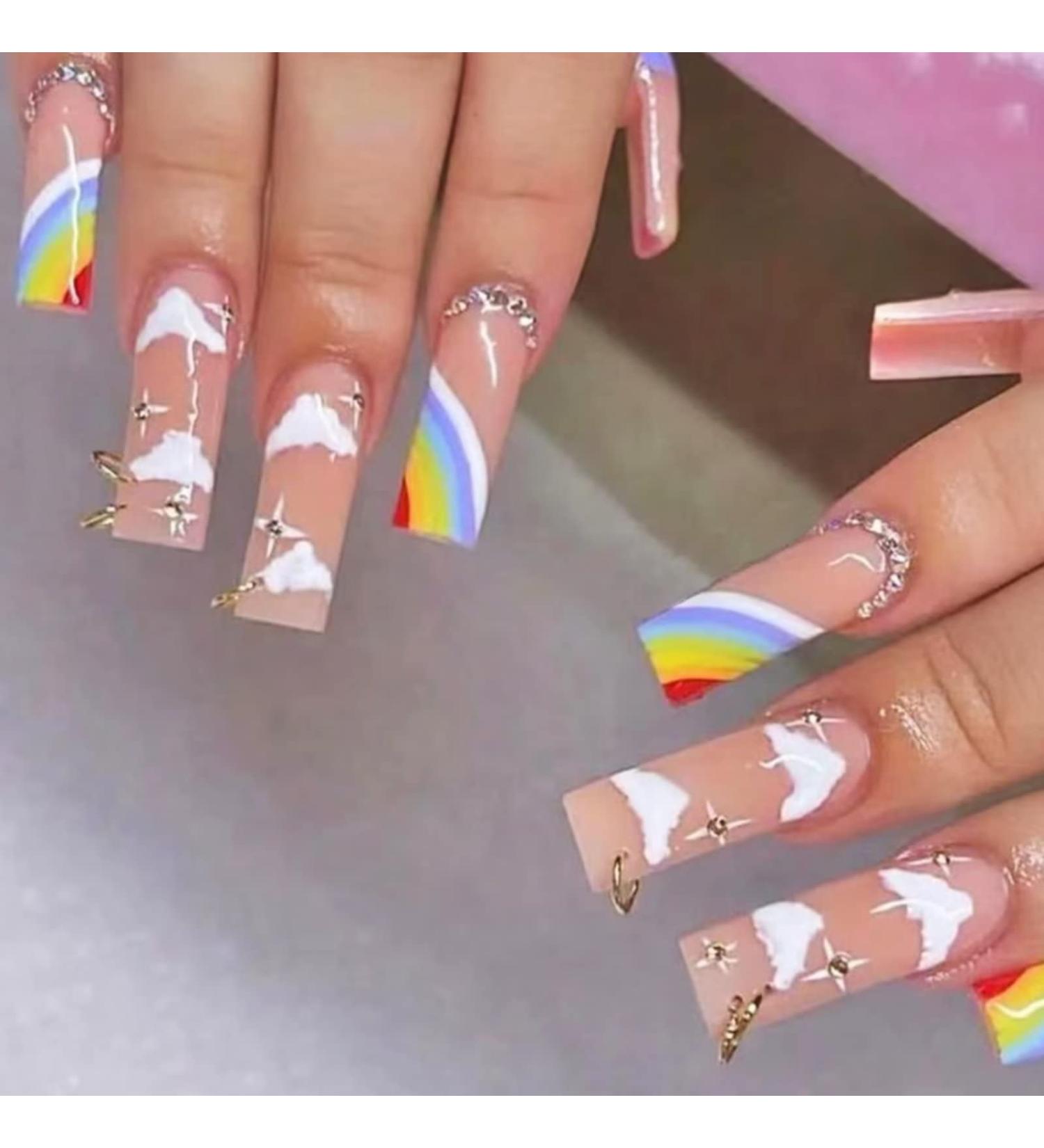 RUNRAYAY Rainbow French Long Fake Nail Press on False Nails with Charms - 24Pcs - Buy Online on SooperMarket.com