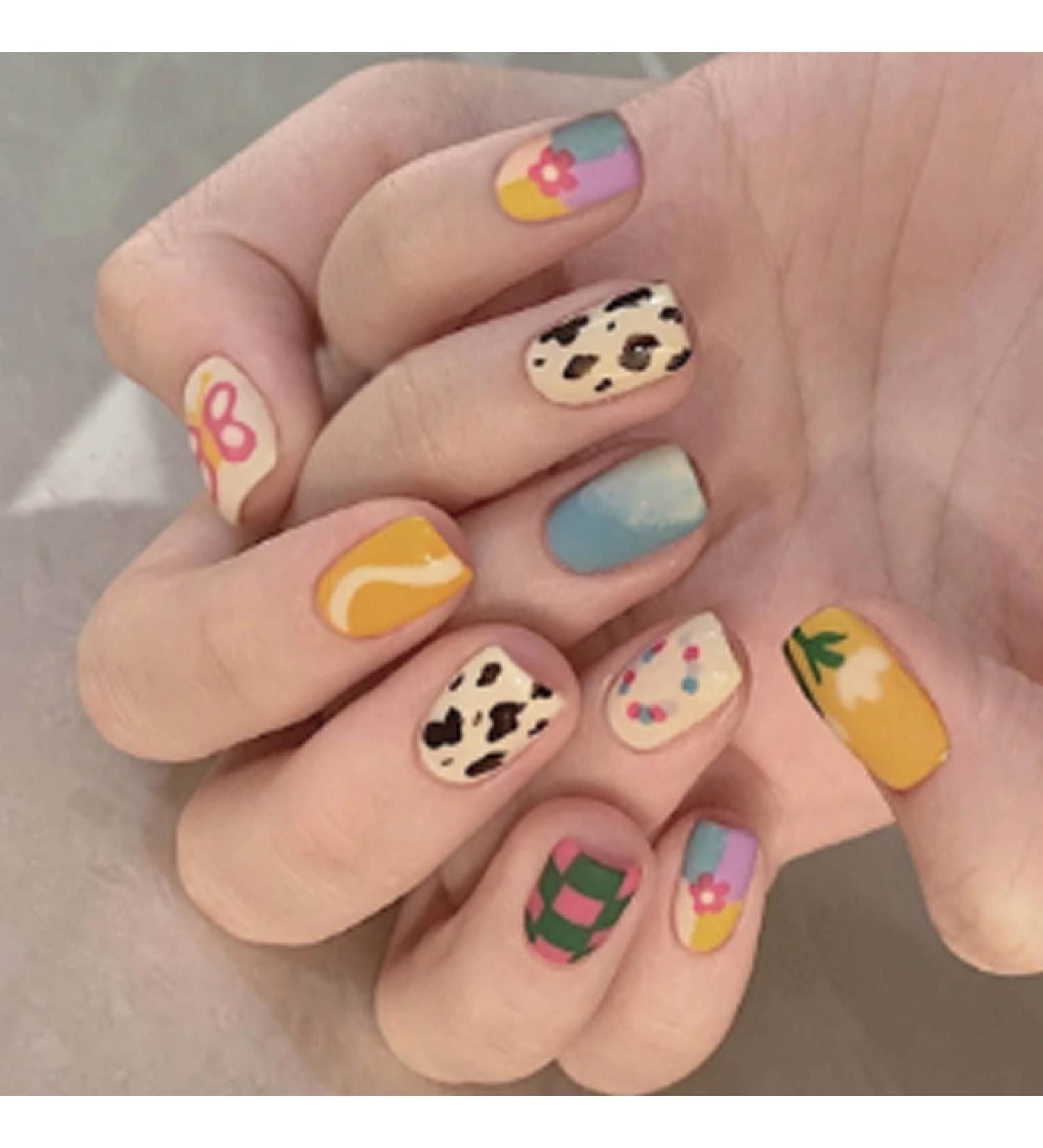 Hkanlre Short Flower False Nails - Colorful Acrylic Butterfly Press on Nails for Women & Girls (24PCS) - Buy Online on SooperMarket.com