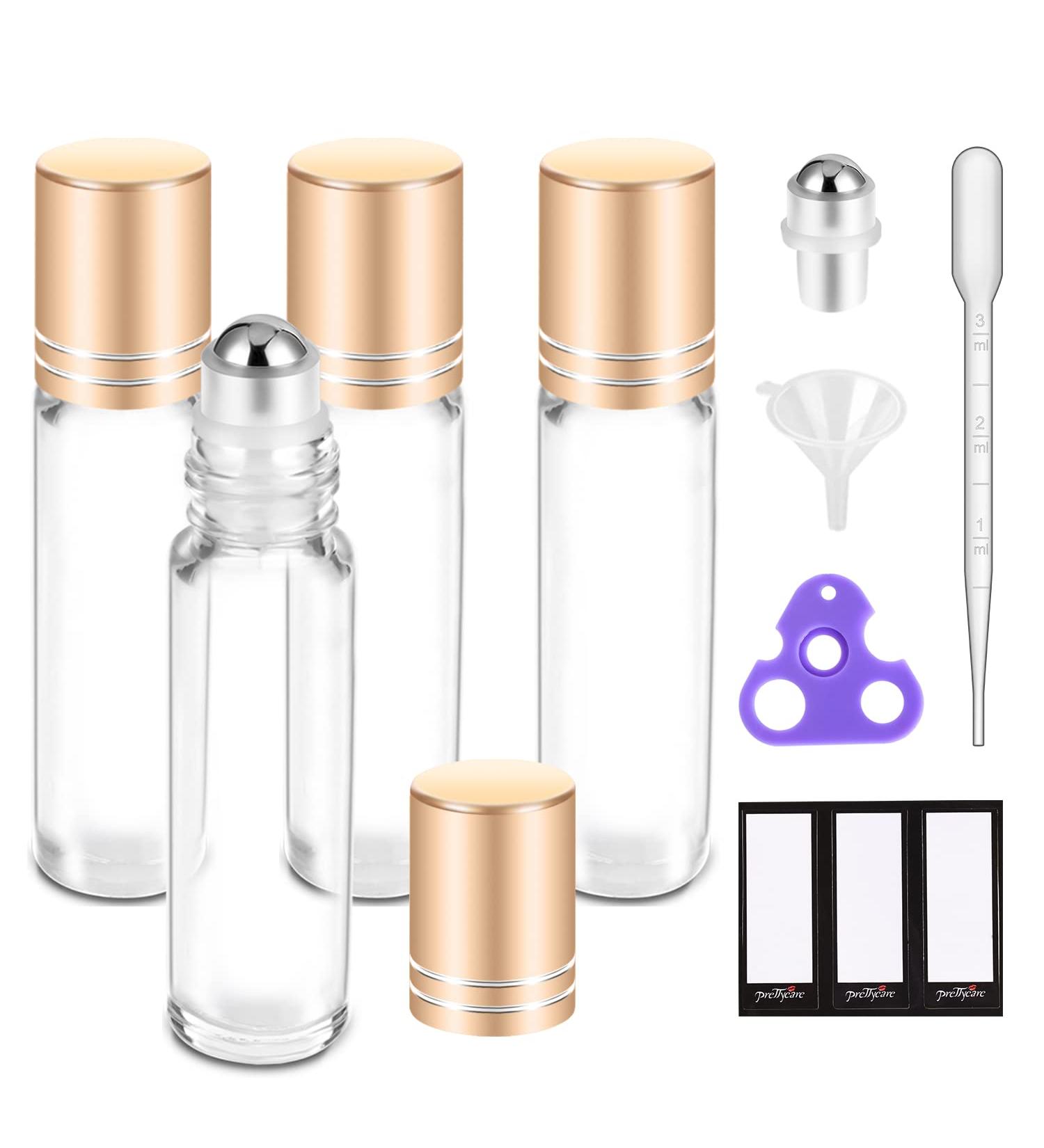 PrettyCare 10ml Essential Oil Roller Bottles | Glass Clear Perfume Containers with Extra Accessories | 4 Pack with Gold Caps for DIY Aromatherapy - Buy Online on SooperMarket.com