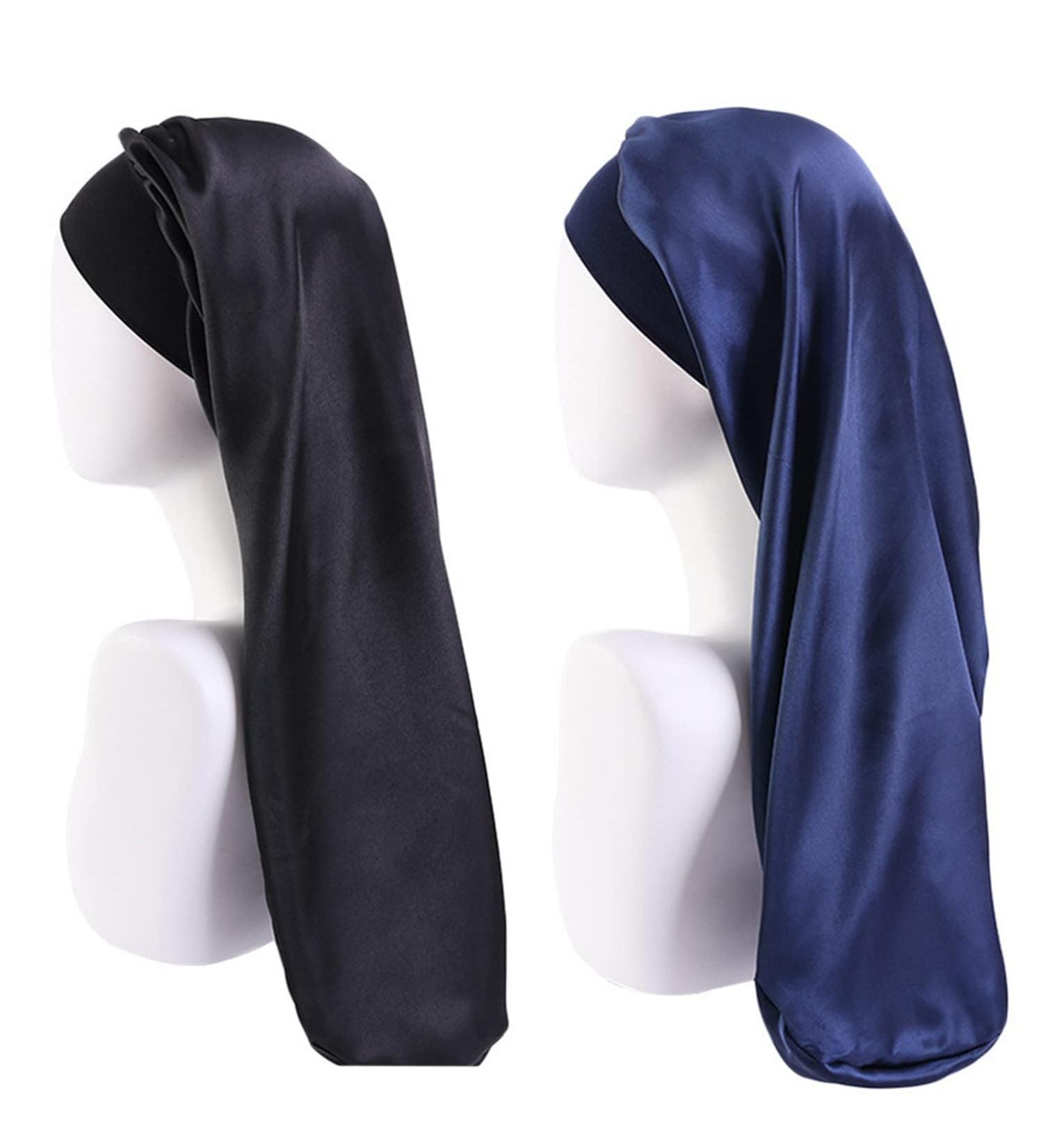 Shop Ladaypoa Long Satin Sleeping Cap - 2 Piece Large Sleeping Hats for Women | Extra Large Soft & Convenient Black + Dark Blue - Buy Online on SooperMarket.com