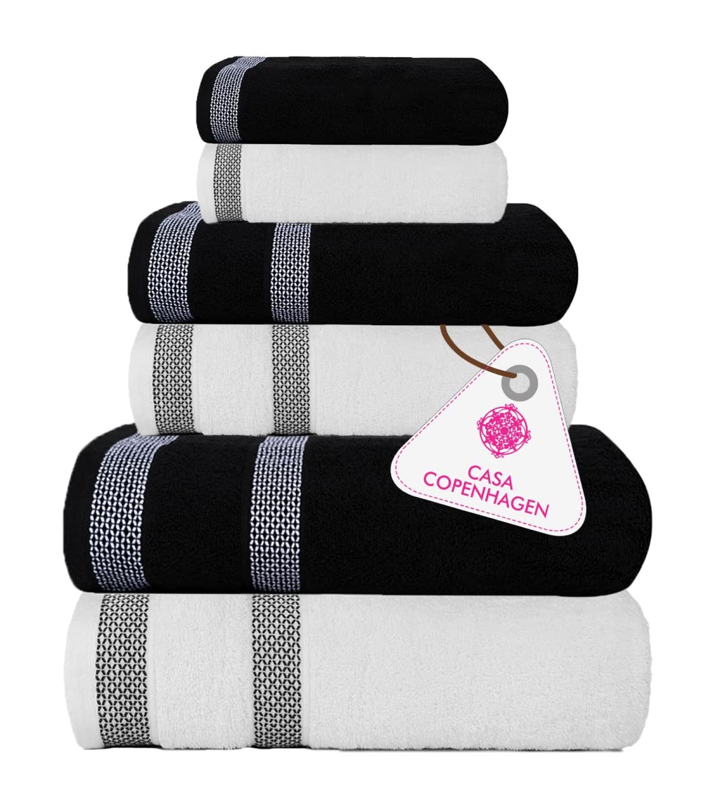 CASA COPENHAGEN Solitaire 600 GSM 6-Piece Towel Set - Super Soft Egyptian Cotton - White + Black - Buy Online on SooperMarket.com