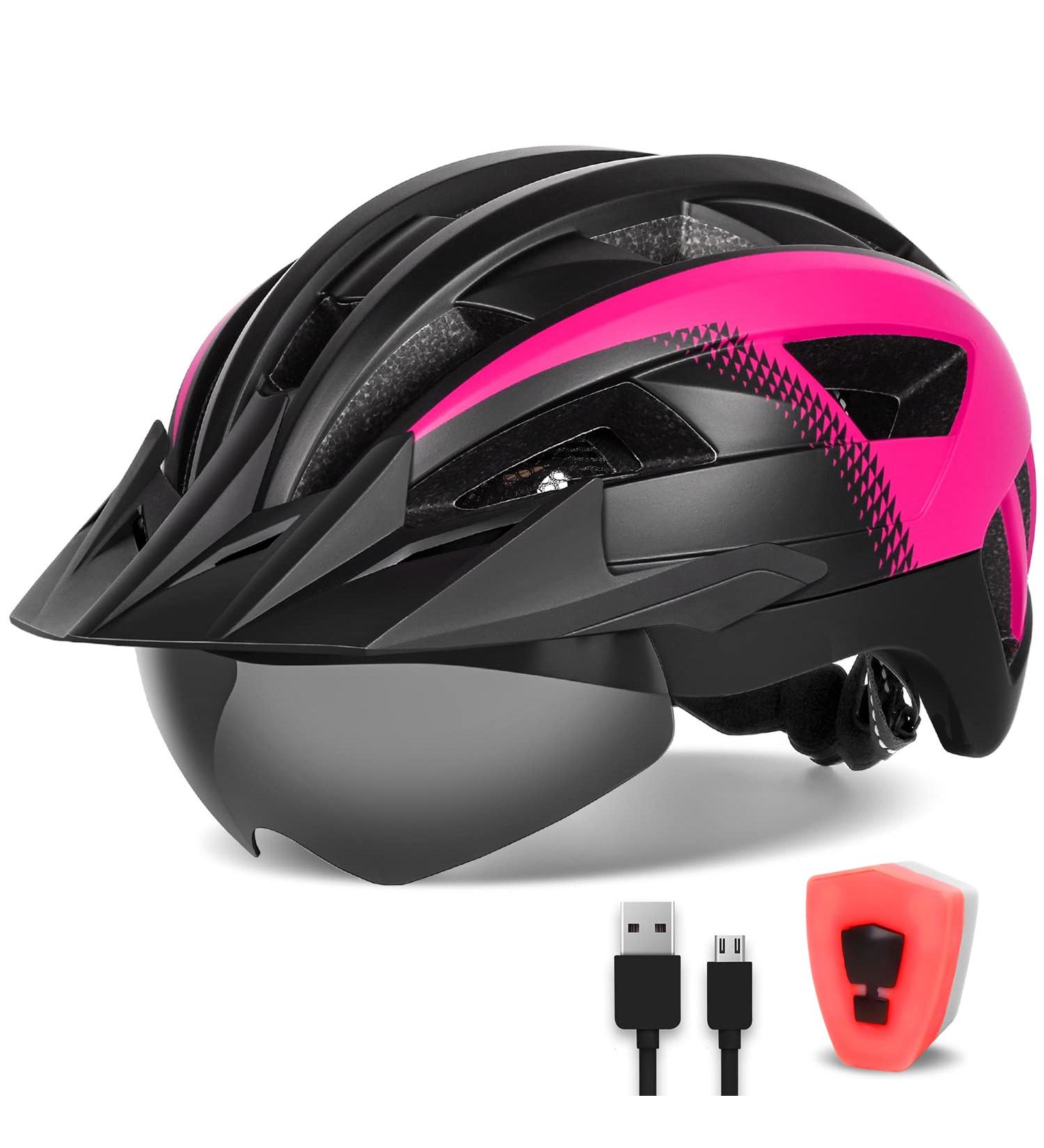 FUNWICT Adult Bike Helmet with Visor, Goggles & Rechargeable Rear Light Black Pink, L 57-61 cm - Buy Online on SooperMarket.com