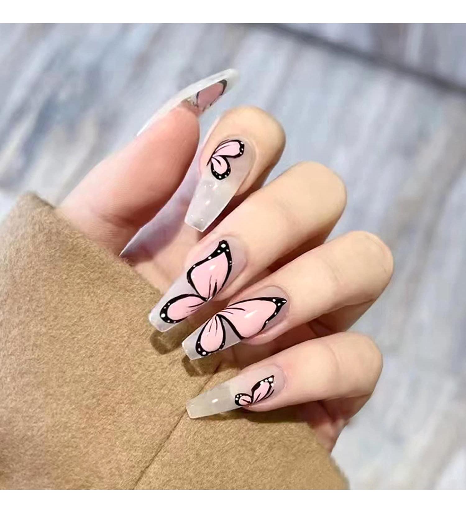 24Pcs Pink Butterfly Press on Nails - Exquisite Design Full Cover Acrylic Nails for Women - Spring Nail Art Decorations - Buy Online on SooperMarket.com