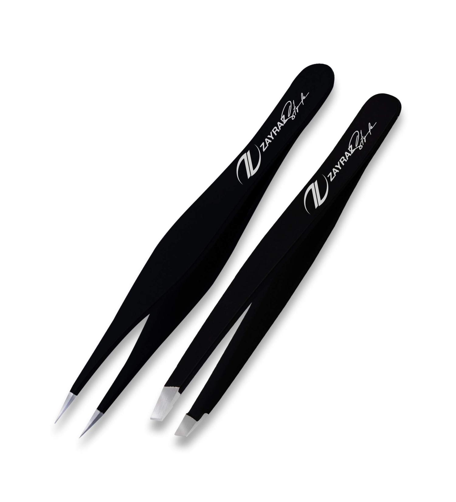 Zayraz Precision Tweezer Set for Ingrown Hair and Splinters - Stainless Steel Slant and Pointed Tweezers for Eyebrow Plucking - Black - Buy Online on SooperMarket.com