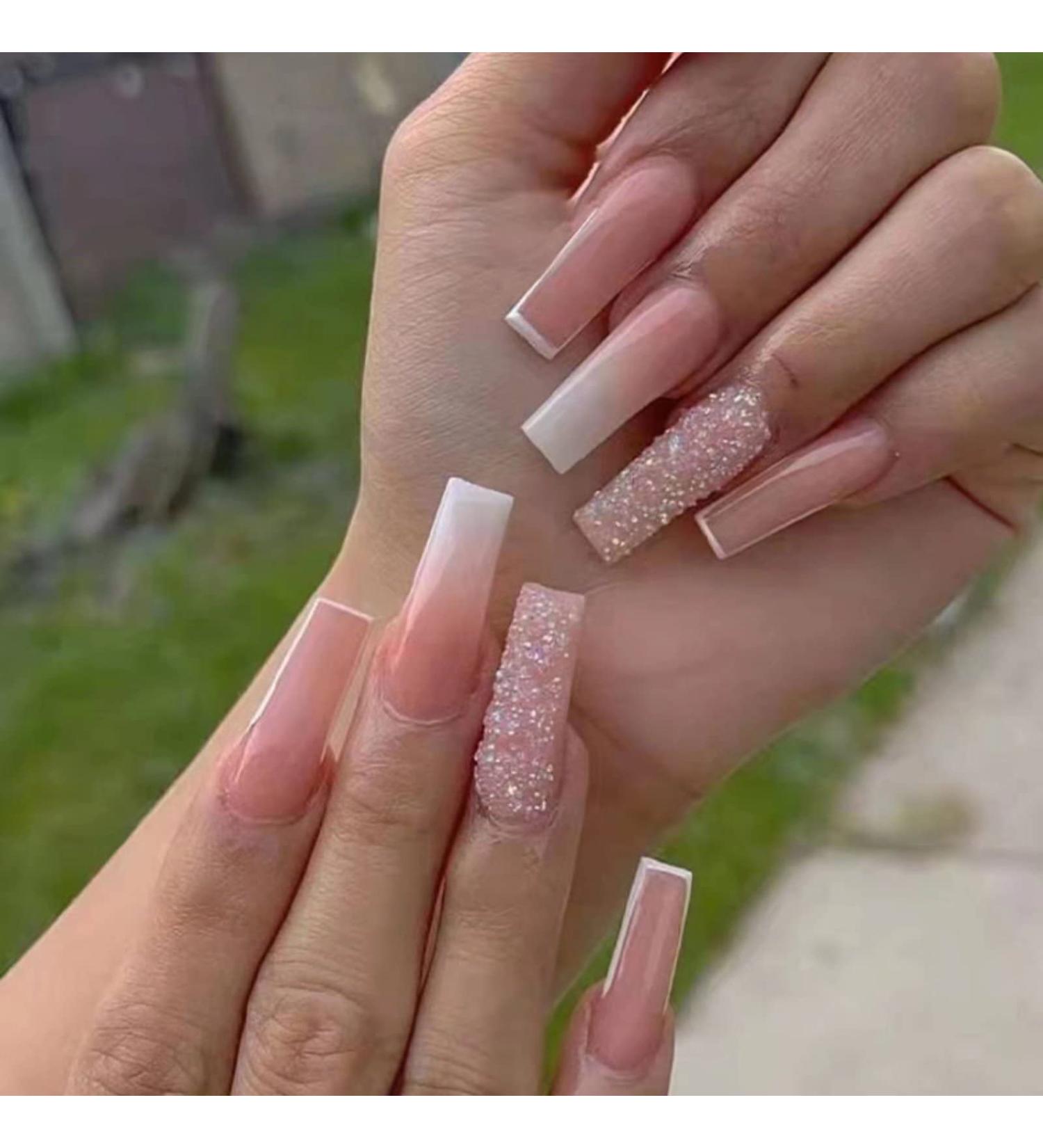 RUNRAYAY Pink French Press on Nails with Sequins Design - Gradient Fake Nails for Women | Acrylic Full Cover Coffin Spring Summer - Buy Online on SooperMarket.com