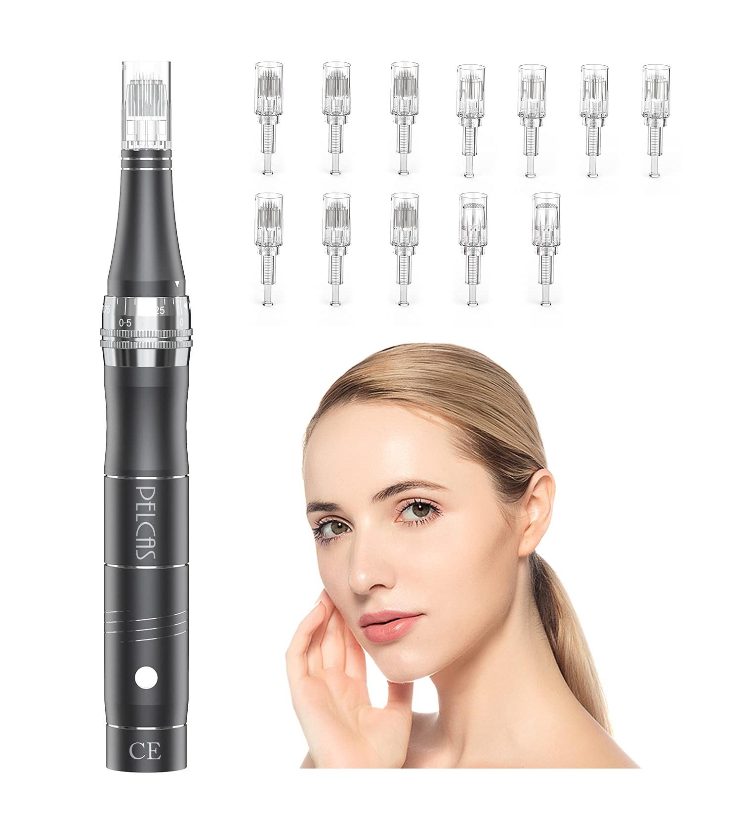 Pelcas Rechargeable Car Derma Micro Needles Roller - Electric Anti-Aging Skin Therapy Pen with 3 Speed Levels 12 Needle Heads for Stretch Marks Acne Scars & Fine Lines - Buy Online on SooperMarket.com