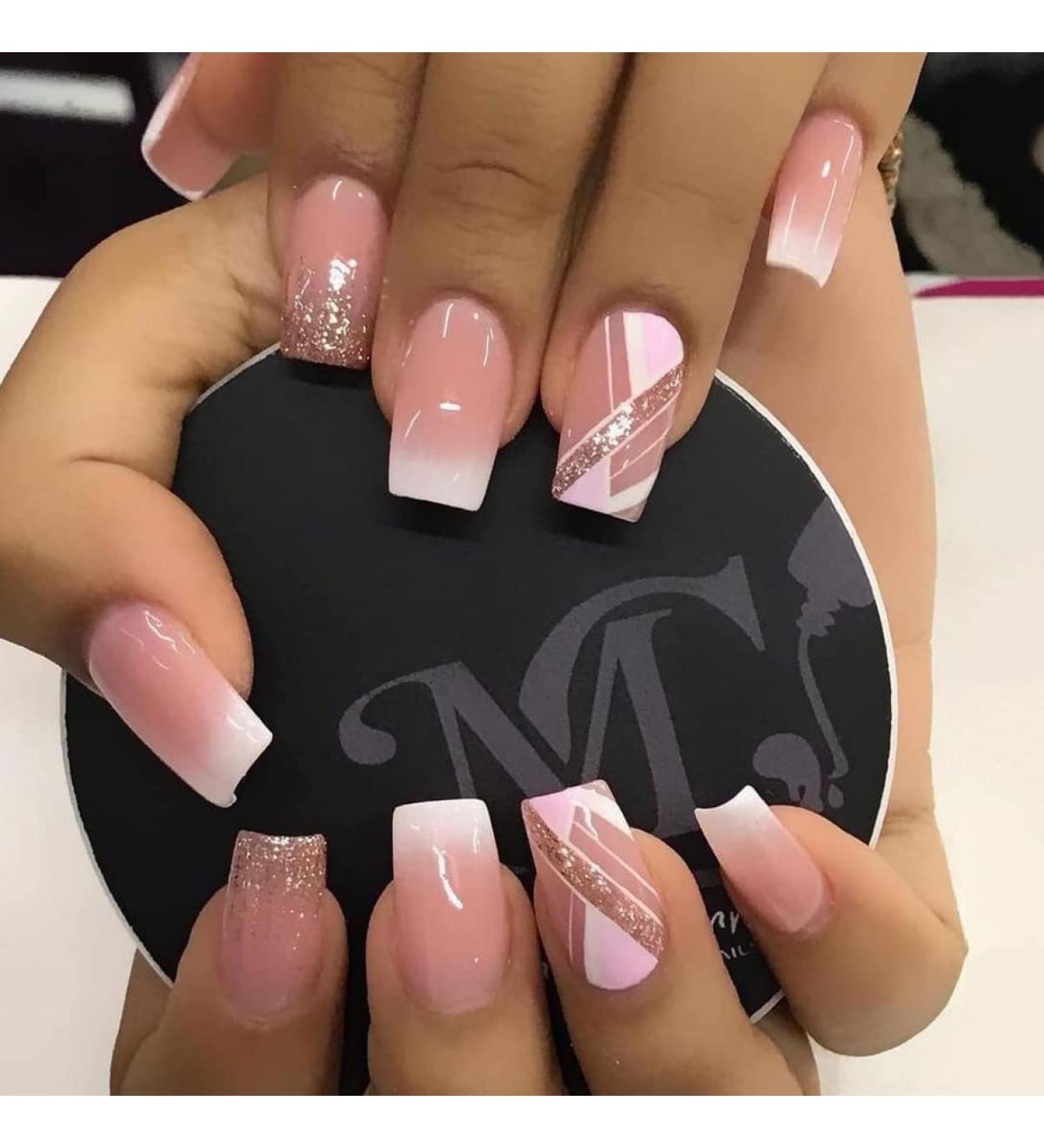 Square White French Press on Nails - 24 Piece Short False Nails with Gold Glitter | Nail Glue Included - Squoval Fake Nails for Women - Buy Online on SooperMarket.com