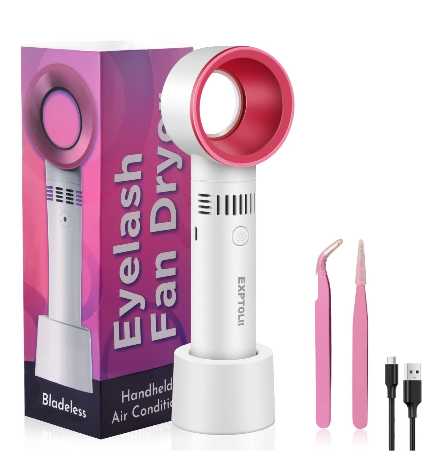 Portable USB Rechargeable Eyelash Fan Dryer with Lash Tweezers - Mini Bladeless Handheld Cooling Blower for Essential Eyelash Extension Supplies (White) - Buy Online on SooperMarket.com