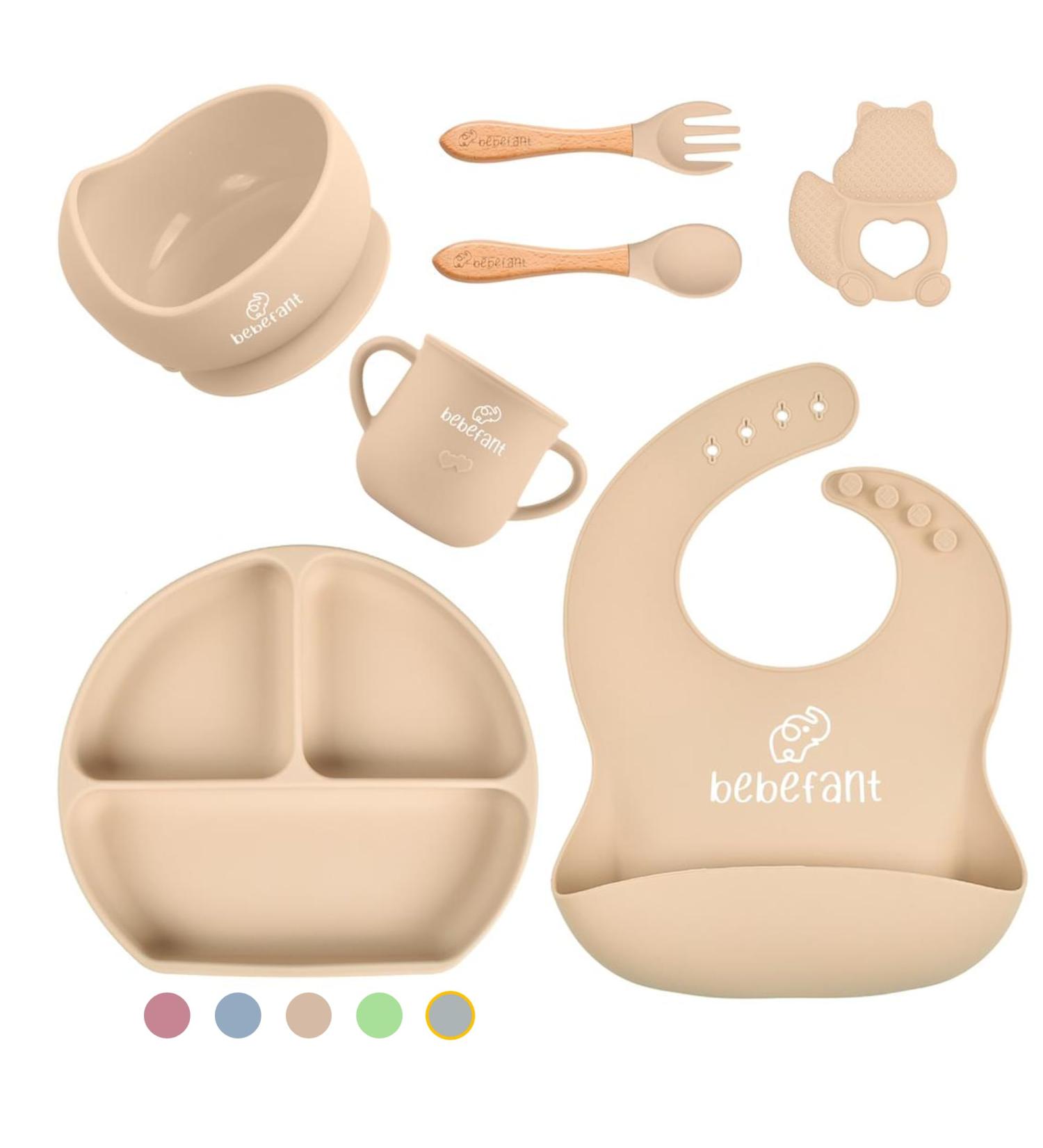 Bebefant Baby Weaning Set | Suction Bowl, Plate, Cup, Bib, Fork & Spoon | Baby Led Weaning Feeding Set - Neutral (Light Brown) - Buy Online on SooperMarket.com