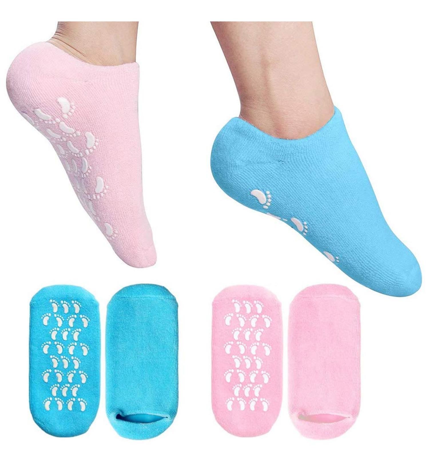 Moisturizing Gel Socks - 2 Pairs of Reusable Soft Socks with Essential Oil Treatment for Dry Skin Pink & Blue - Buy Online on SooperMarket.com