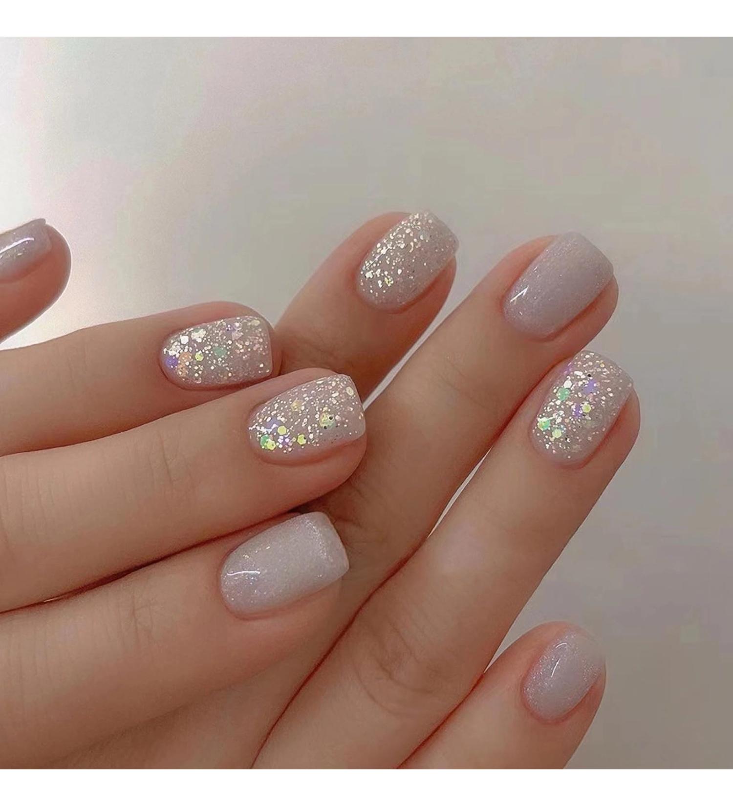 MISUD Short Square Press on Nails - Glossy Squoval Fake Nails with Glitter & Sequins - 24 pcs Gray Aurora Acrylic Nails for Stunning Nail Designs - Buy Online on SooperMarket.com