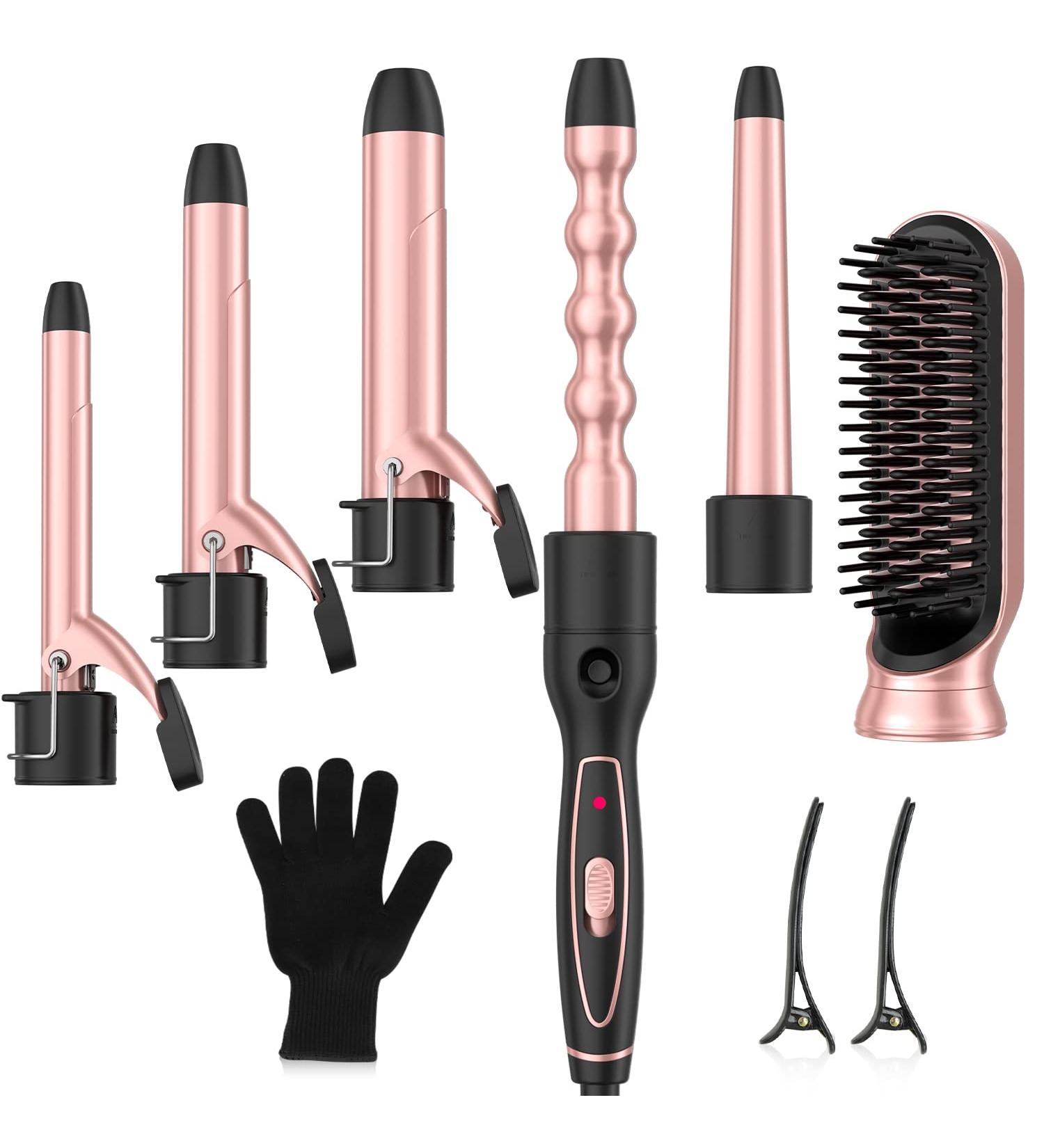 Professional 6 in 1 Curling Iron Set with Hair Straightener Brush - Dual Voltage Curler Wave Wand - Ceramic Barrel Hair Styling Tools - Instant Heating - Heat Resistant Gloves - Rose Gold - Buy Online on SooperMarket.com