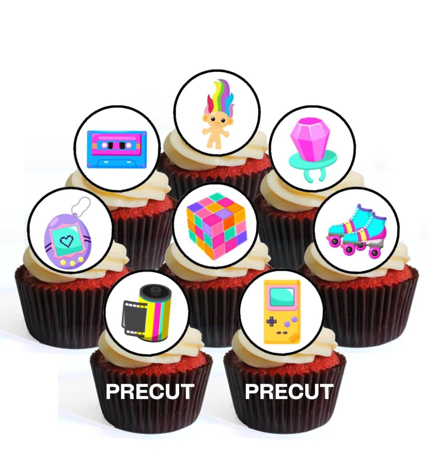 PRECUT 90's Edible Cupcake Toppers - Retro 90's Theme Premium Thickness SWEETENED VANILLA - wafer card disc cake decorations (Pack of 12) - Buy Online on SooperMarket.com