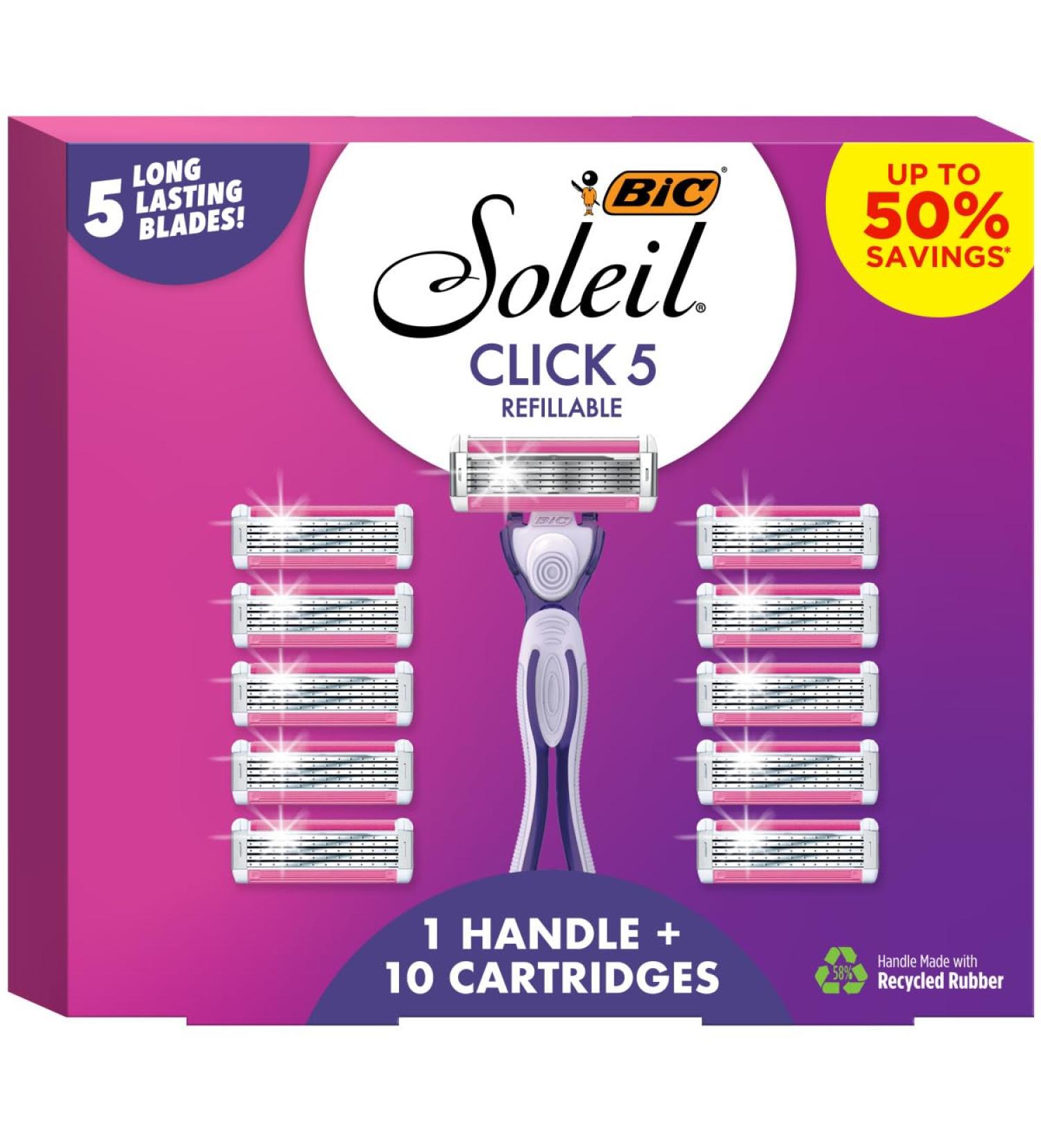 BIC Click 5 Soleil Women's Disposable Razors 5 Blades With a Moisture Strip For a Smoother Shave 1 Handle and 10 Cartridges 11 Piece Razor Set