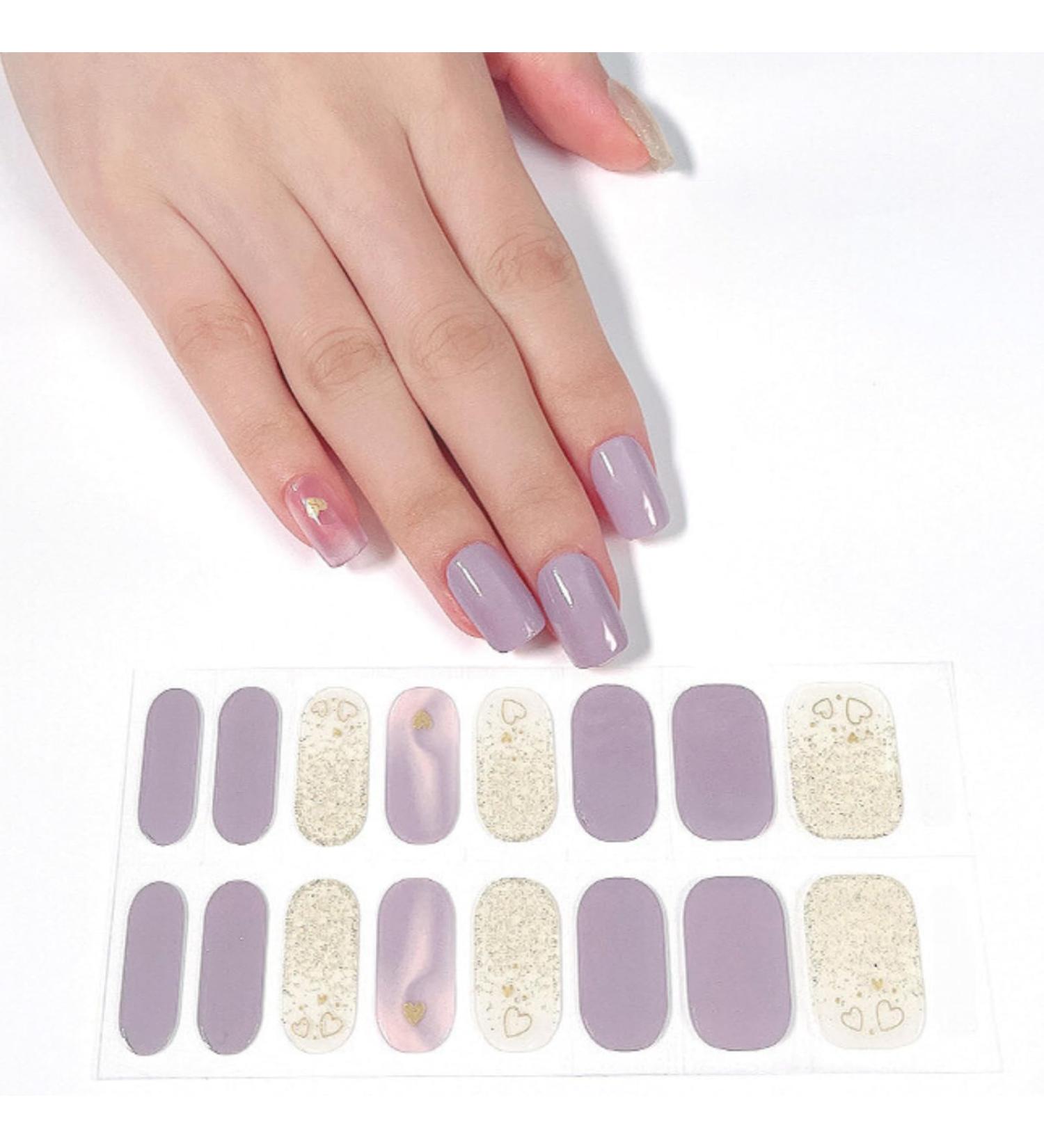 16PCS Purple Glitter Gel Nail Strips | Self-Adhesive Semi-Cured Gel Polish Wraps | Long-Lasting Nail Art Stickers with UV Light - Buy Online on SooperMarket.com
