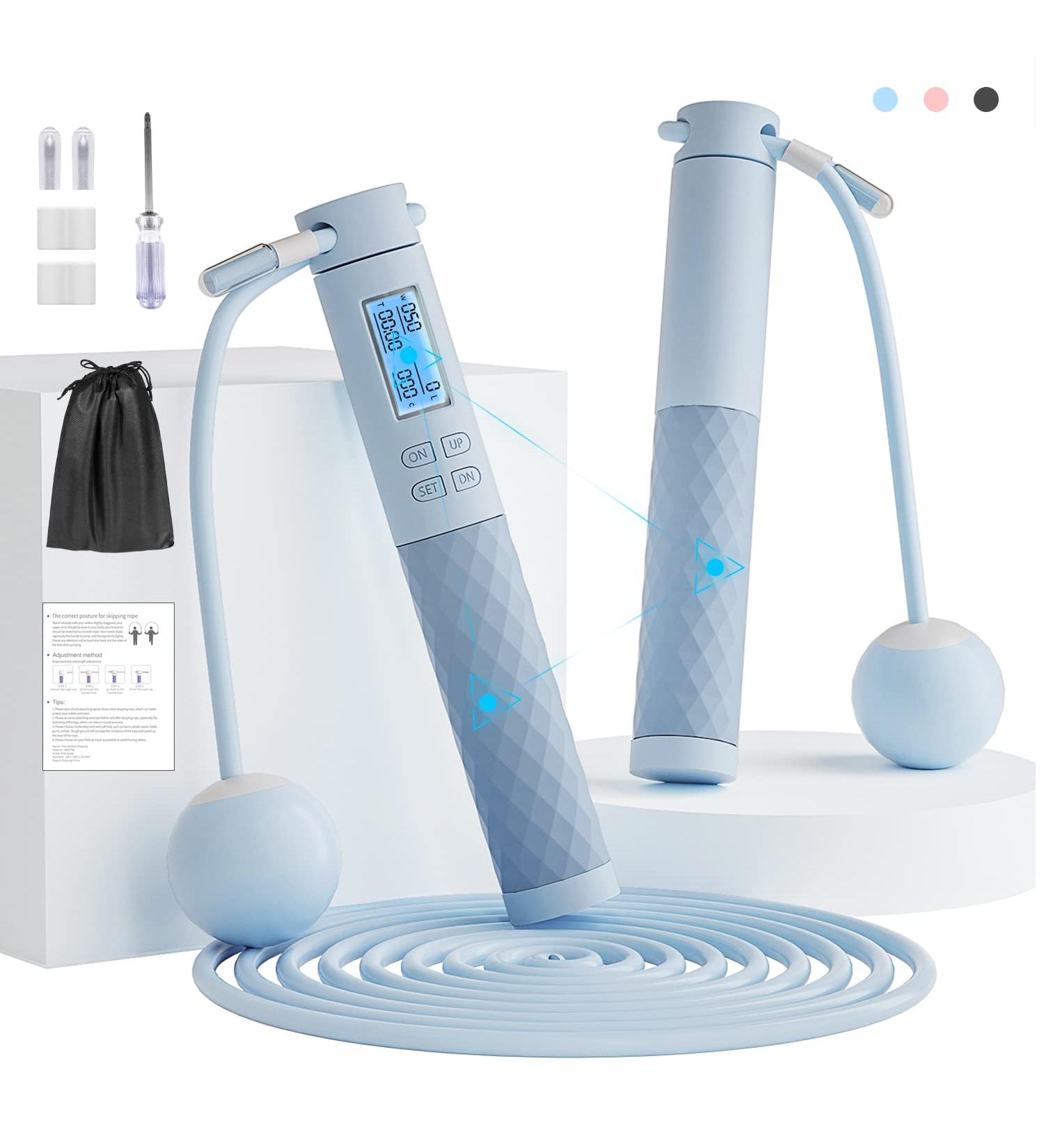 Fitness Jump Rope with Calorie Counter, Silicone Handles | Speed Ball, Adjustable Anti-Tangle PVC Wire Rope for Crossfit, Indoor Outdoor Workout - Blue - Buy Online on SooperMarket.com