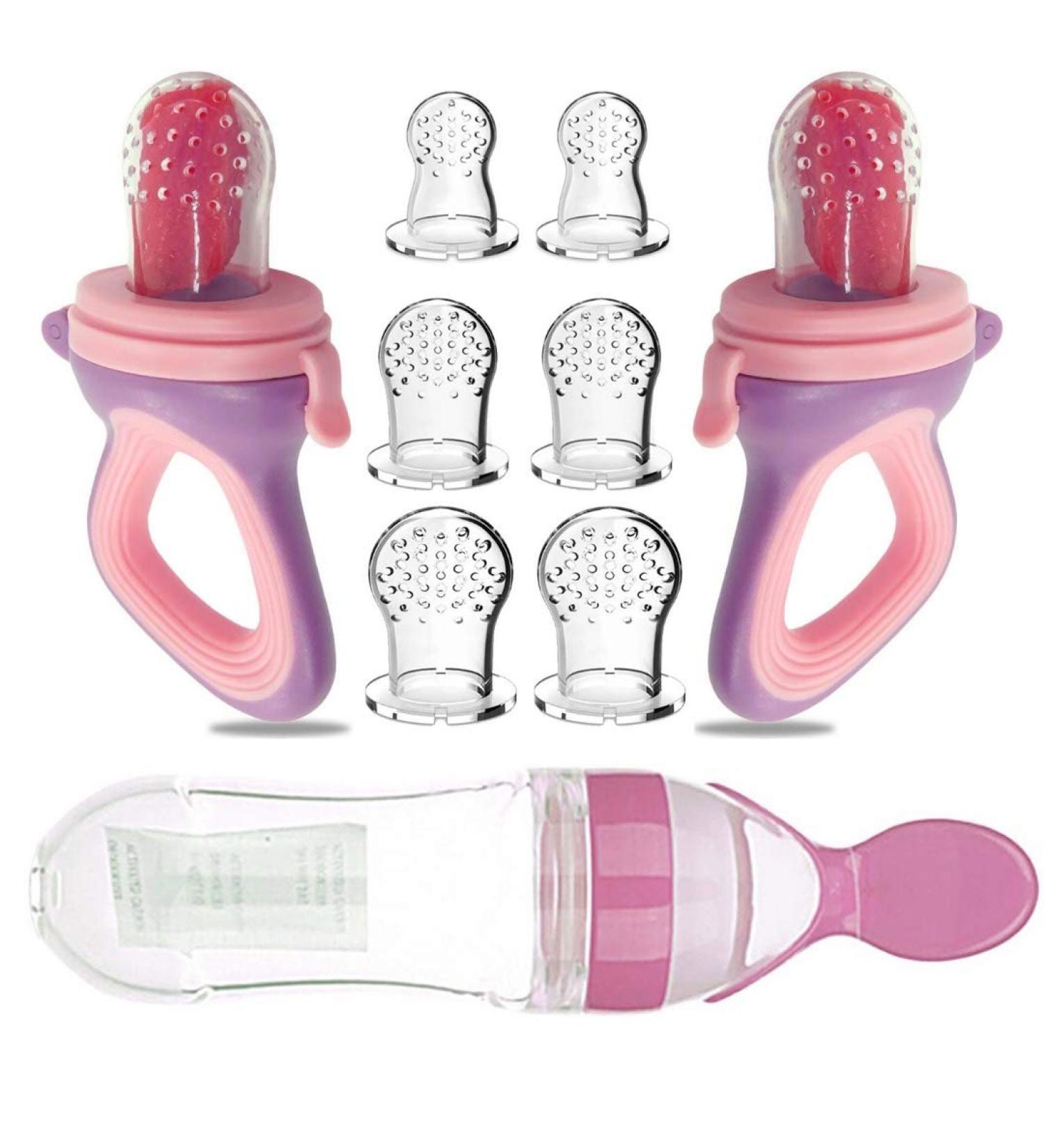 Baby Food Feeder Fresh Food - 2 Pack Fruit Feeder Pacifier Set | Silicone Pacifiers & Dispensing Spoon | Teether Feeding Set for Babies - Pink - Buy Online on SooperMarket.com