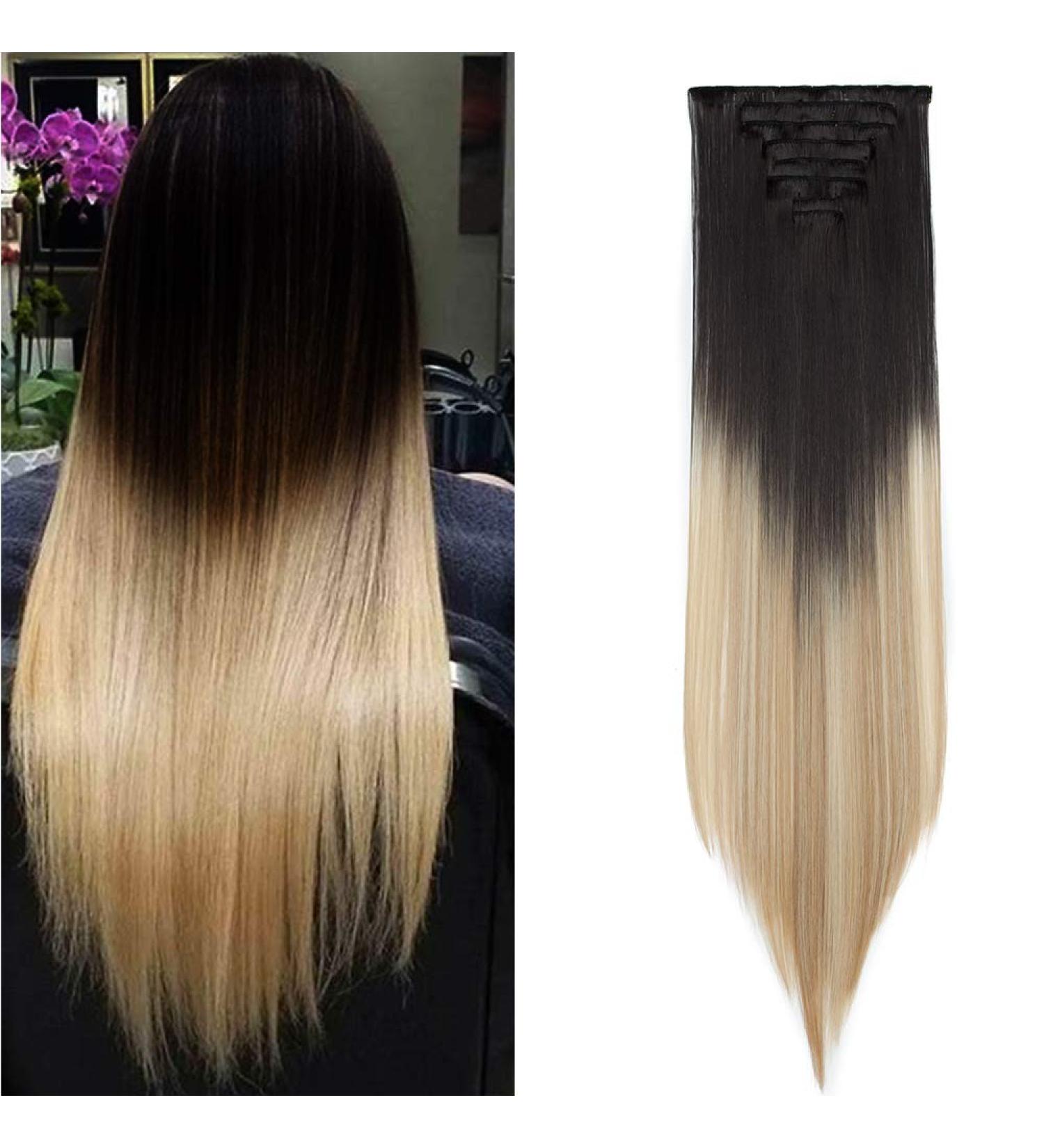 26 Clip in Hair Extensions Black to Mixed Blonde - 100% Synthetic 8pcs Straight Hair Pieces - Buy Online on SooperMarket.com