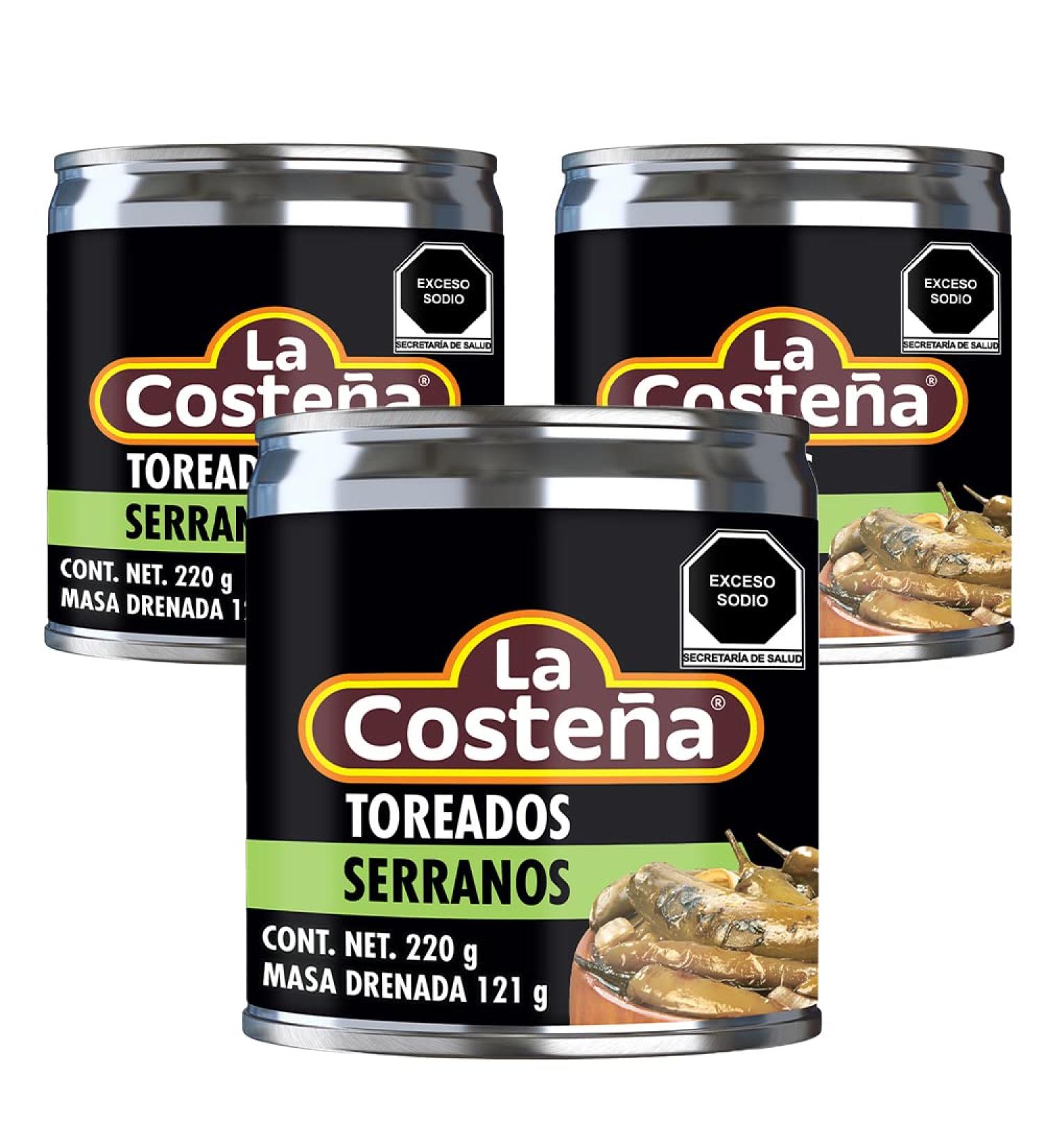 La Costena Serrano Toreados 220g (Pack 3) / Mexican Spicy Roasted Serrano Chilli Peppers In Can Multi Pack - Buy Online on SooperMarket.com