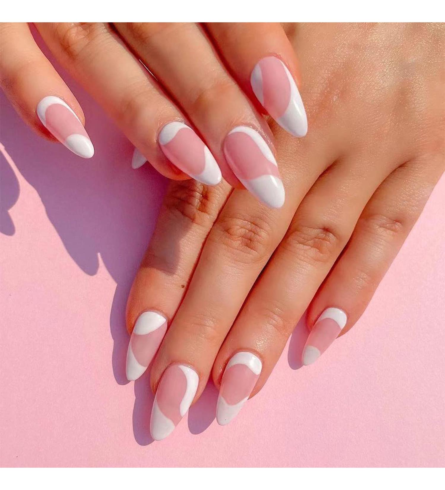 JUSTOTRY 24 Pcs Milky Swirl Almond Short False Nails White French Press on Nails Pattern Trendy Pink Fake Nails Short with Nail Glue Wavy Oval Medium Stick on Nails for Women white&oval1