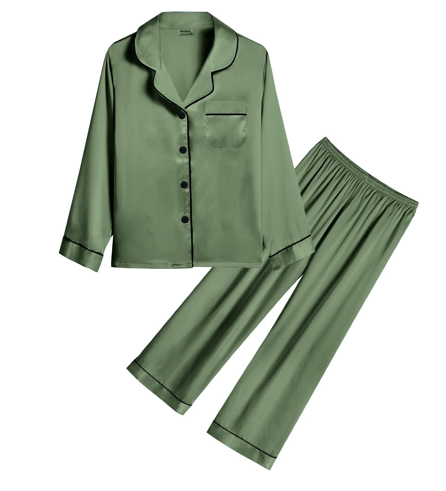 SWOMOG Kids Silk Pyjama Set - Unisex Satin Button Down PJs for Boys & Girls, Soft Sleepwear for Children, 6-7 Years, Matcha Green - Buy Online on SooperMarket.com