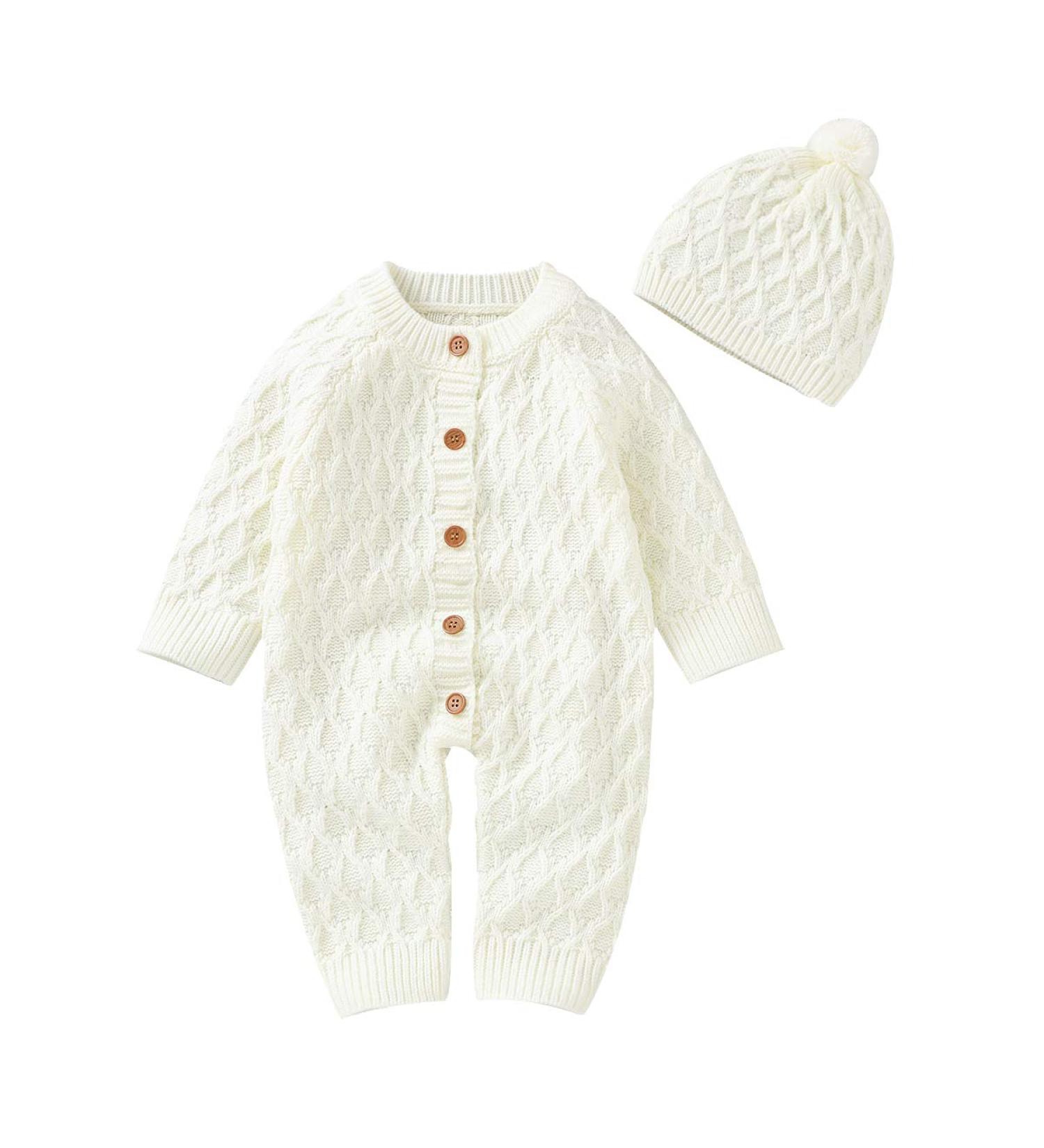 DovFanny Baby Romper Suit | Solid Color Knit Jumpsuit for Newborns | Winter Outfit with Hat (6-12 Months, White) - Buy Online on SooperMarket.com