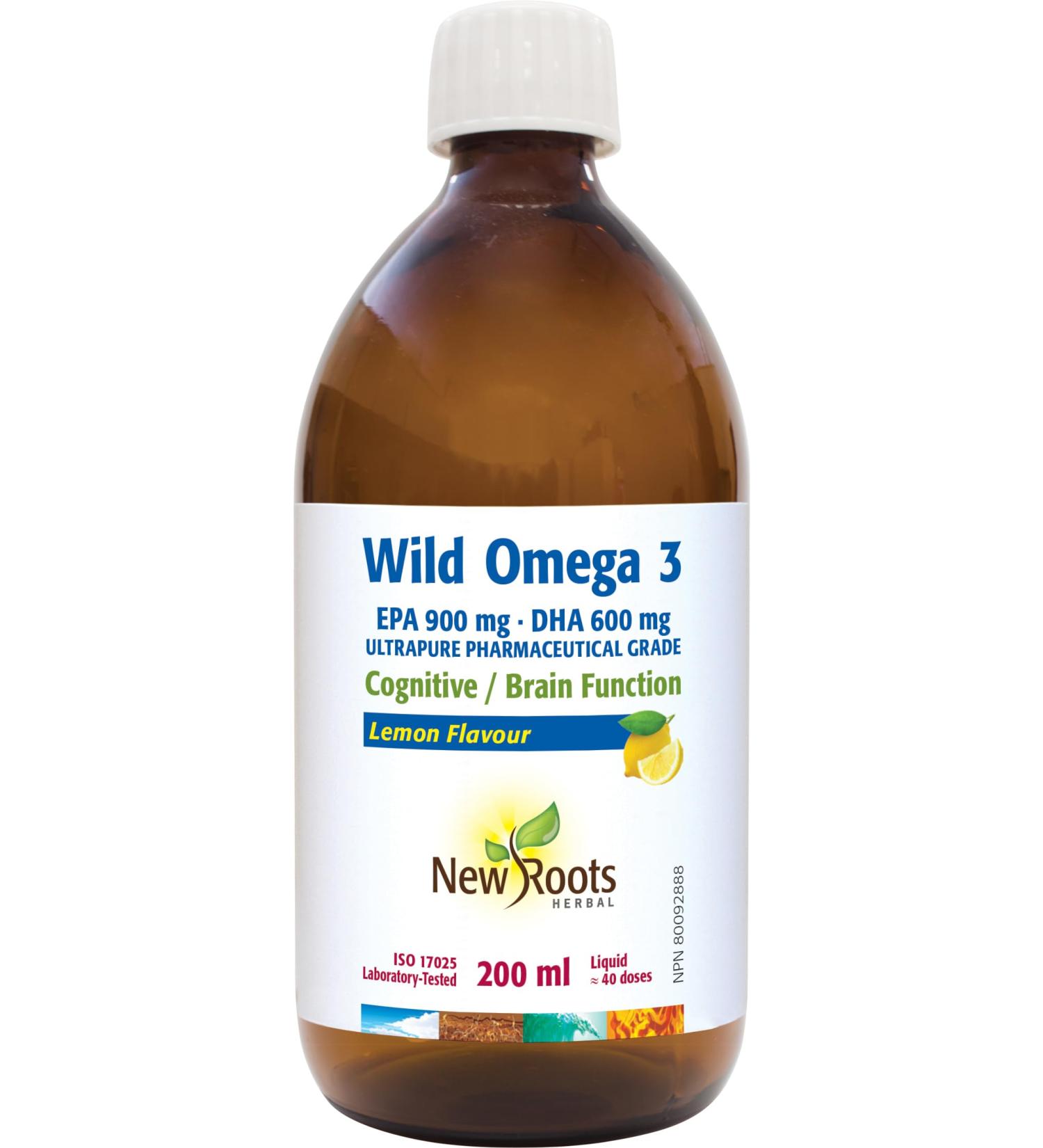New Roots Herbal - Wild Omega 3 EPA 900mg DHA 600mg Lemon Flavour 200ml - Premium Fish Oil Liquid Omega 3 Supplement - High-Potency EPA & DHA for Overall Wellness - Pure Omega-3 Fatty Acids - Buy Online on SooperMarket.com