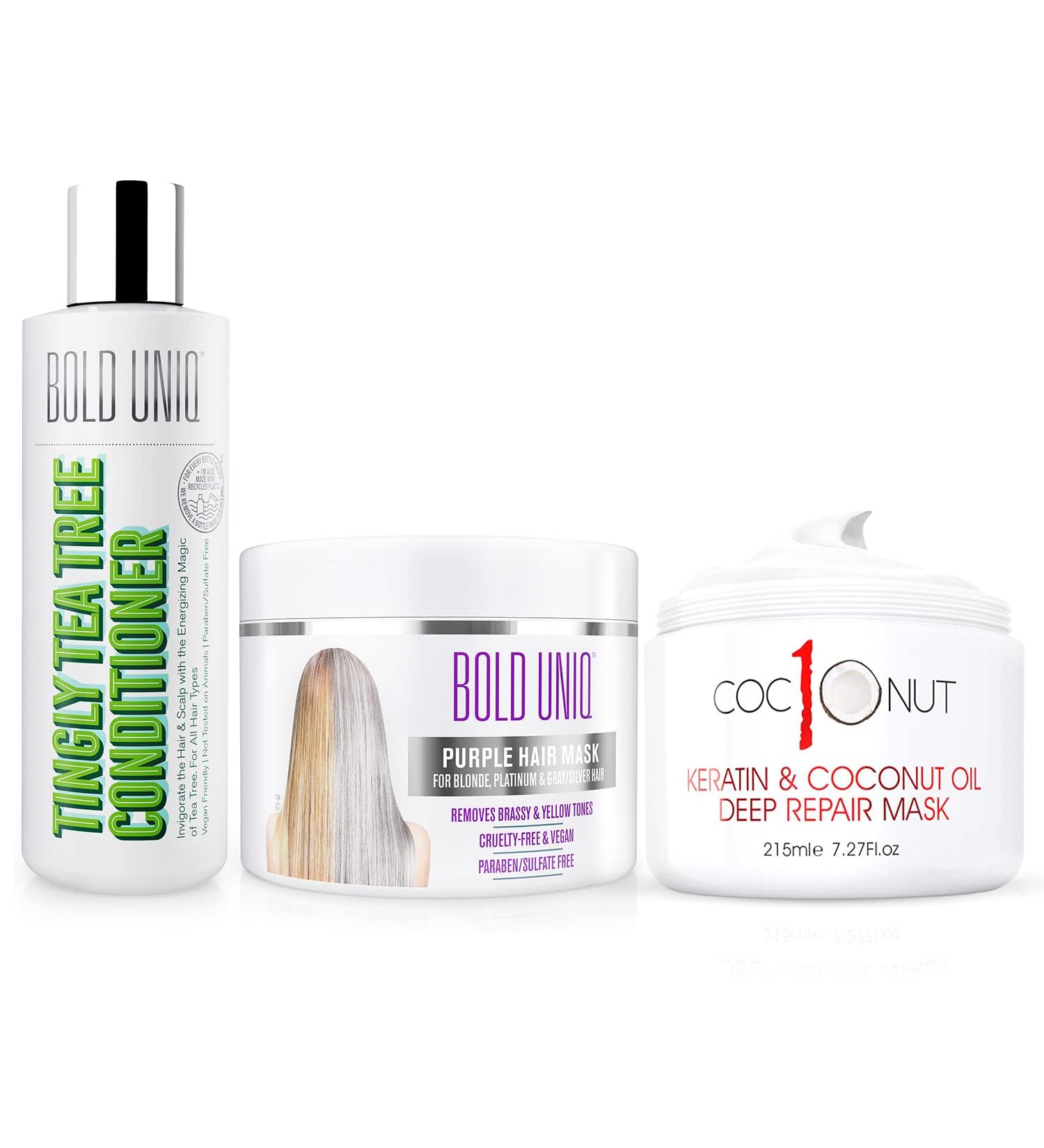 Purple Hair Mask + Tea Tree Shampoo & Coconut Hair Mask Bundle - For Blonde, Platinum, Silver, Gray, Ash & Brassy Hair - Paraben & Sulfate Free - Cruelty-Free & Vegan - Buy Online on SooperMarket.com