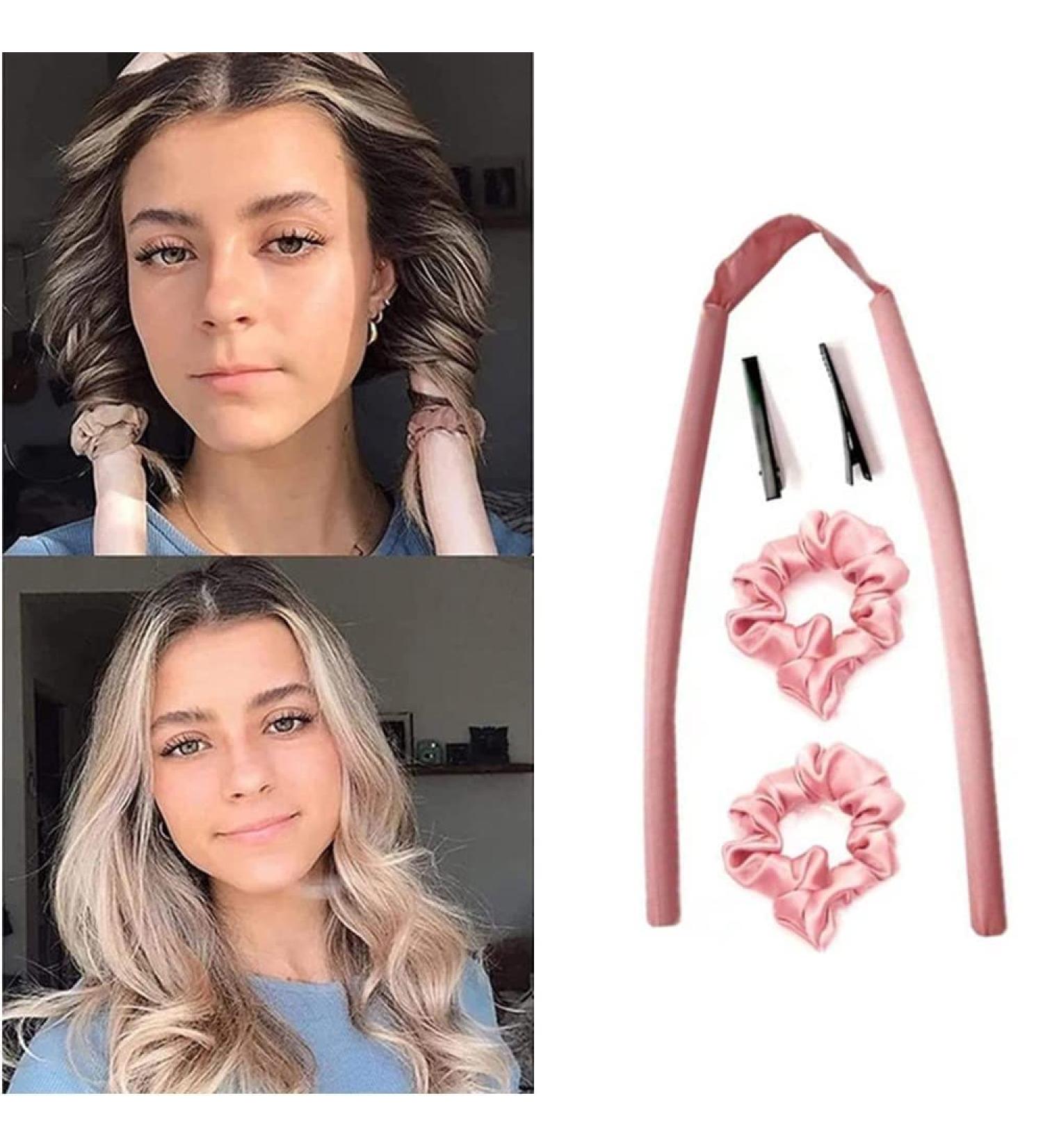 Upgrade Your Heatless Curls with DIY Curling Rod Headband - Soft Silk Ribbon Rollers for Long Medium Hair - Pink - Buy Online on SooperMarket.com