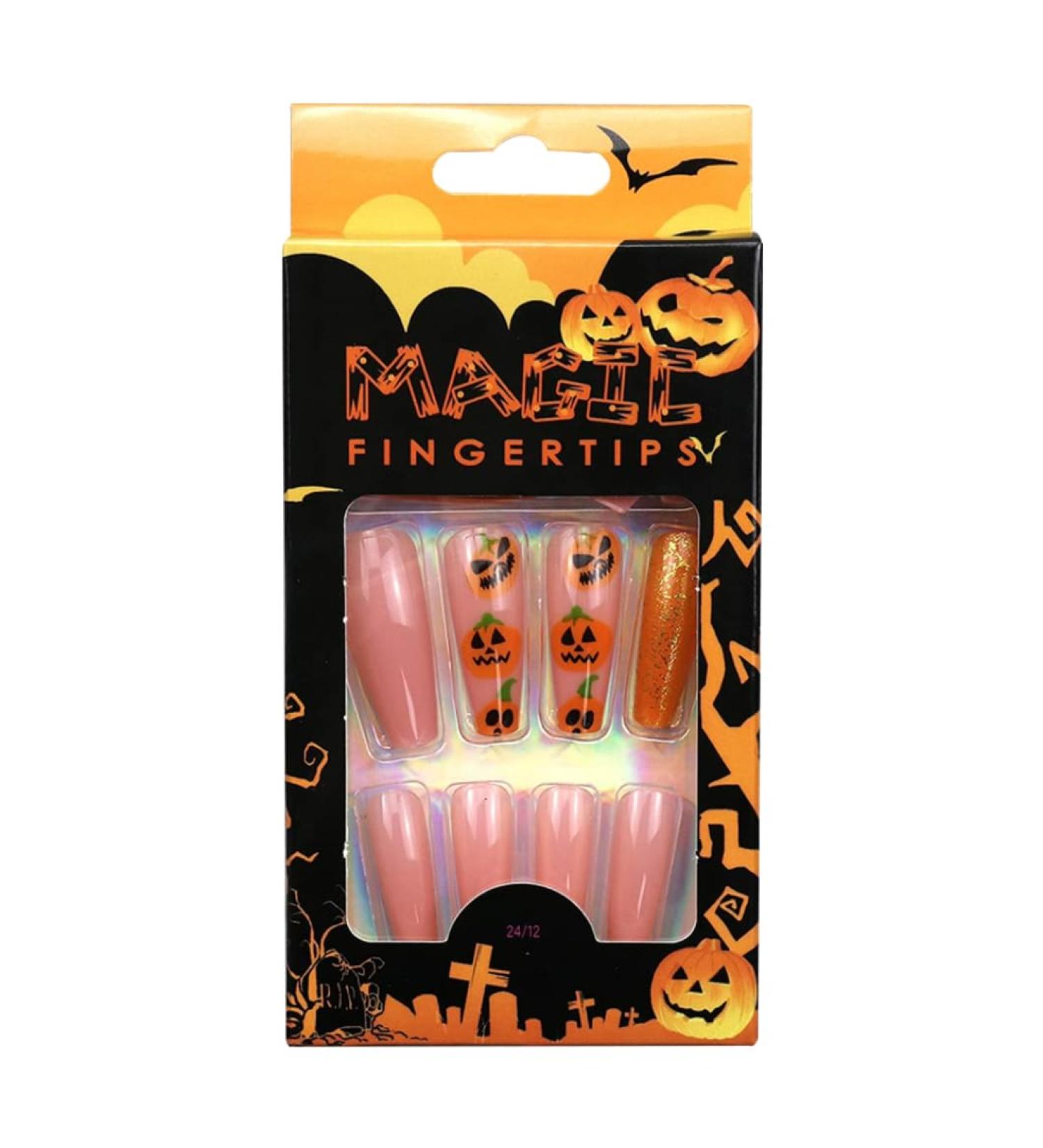 Halloween Nail Stickers Halloween Press on Nails Medium Length Fake Nails Acrylic Nails Pumpkin Black Flame Cross head Design Nails Fake Nails Glue for Women and Girls - Buy Online on SooperMarket.com