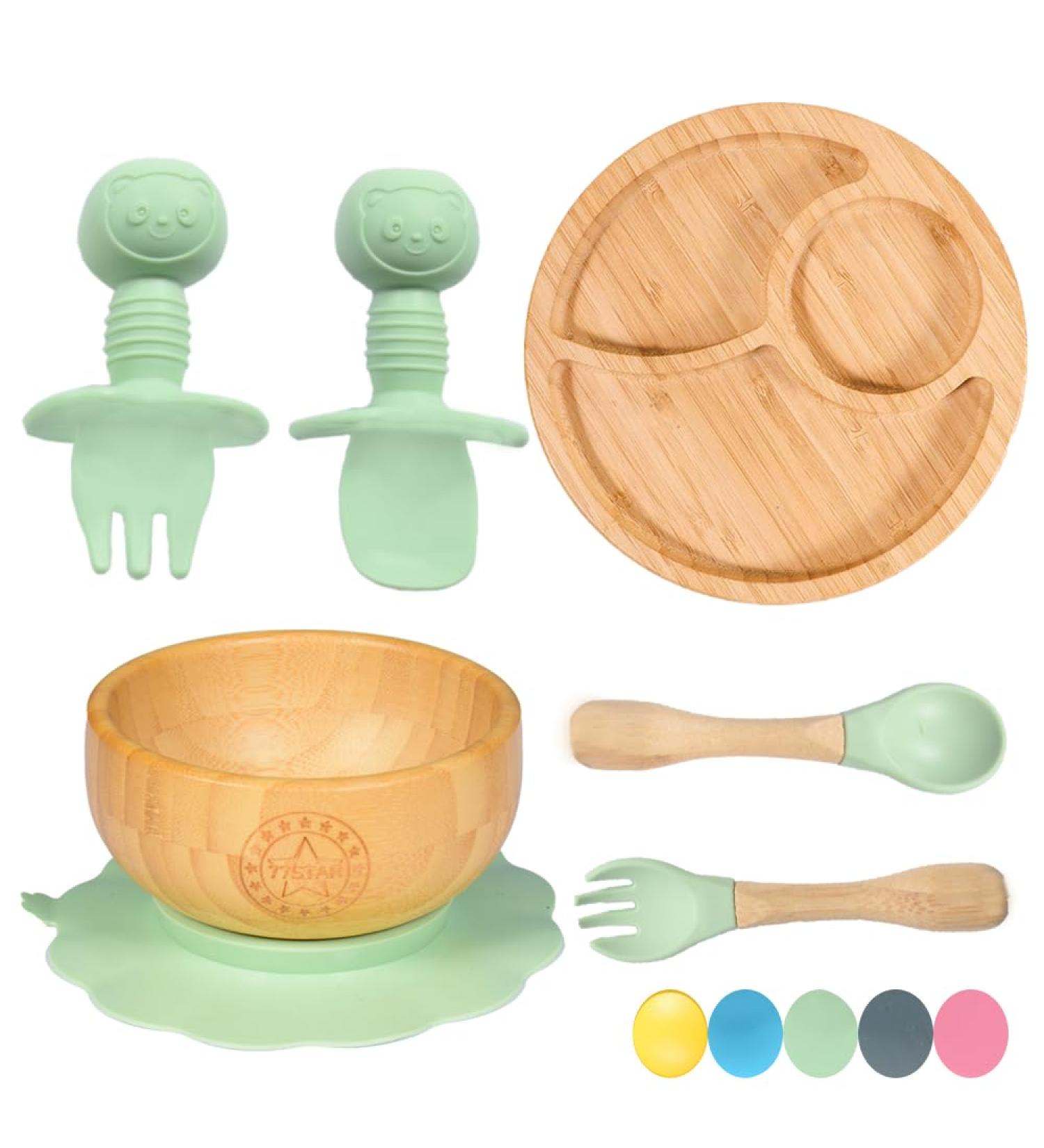 77 Star Bamboo Baby Weaning Set | Suction Bowl, Plate, Spoon & Fork | Non-Slip Baby Feeding Set with Strong Detachable Suction Base | Mist Color - Buy Online on SooperMarket.com